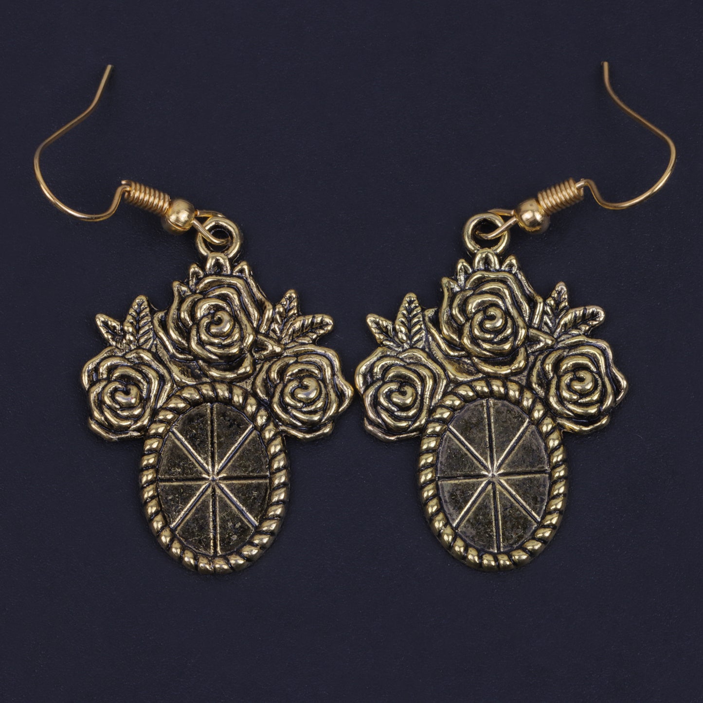 Vintage Oval Flower Shaped Golden Polished Oxidised Danglers