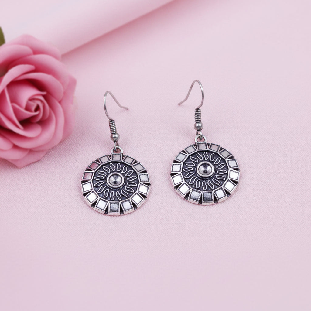 Sunrise Shaped Silver Polished Oxidised Danglers