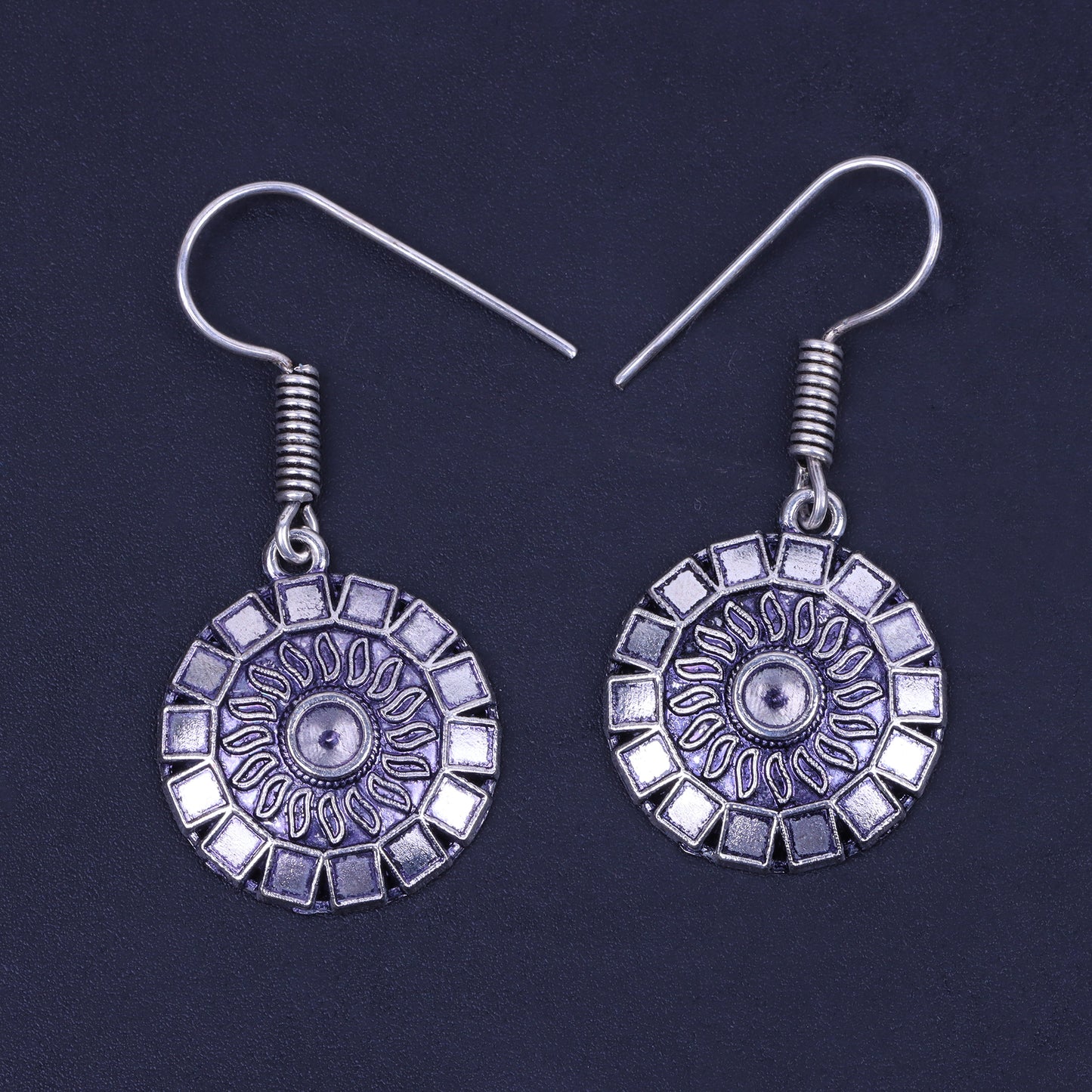 Sunrise Shaped Silver Polished Oxidised Danglers