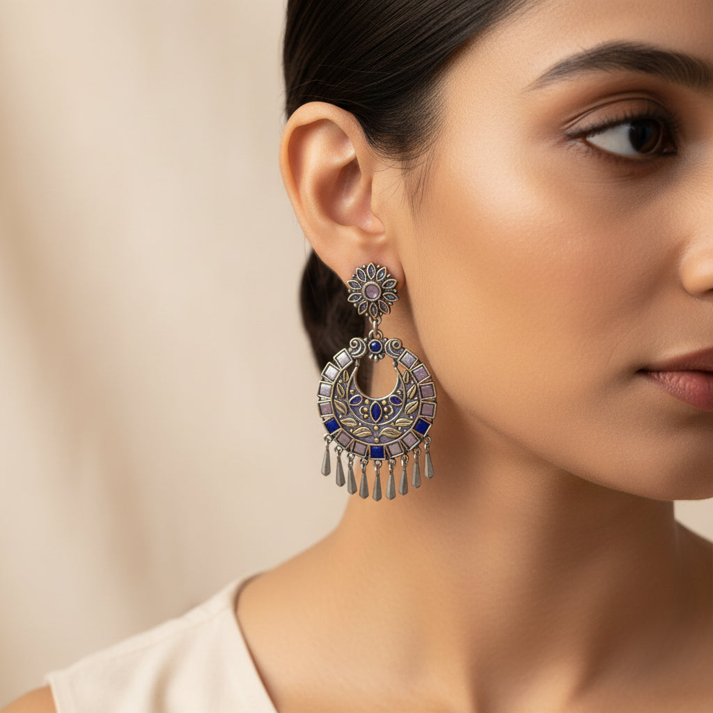 Sunrise Shaped Silver Polished Oxidised Danglers