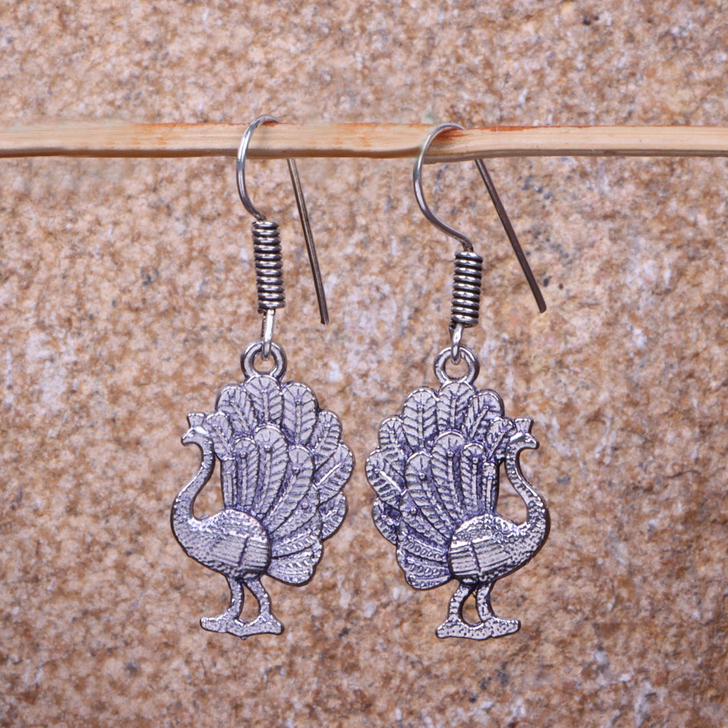 Peacock Shaped Silver Polished Oxidised Danglers