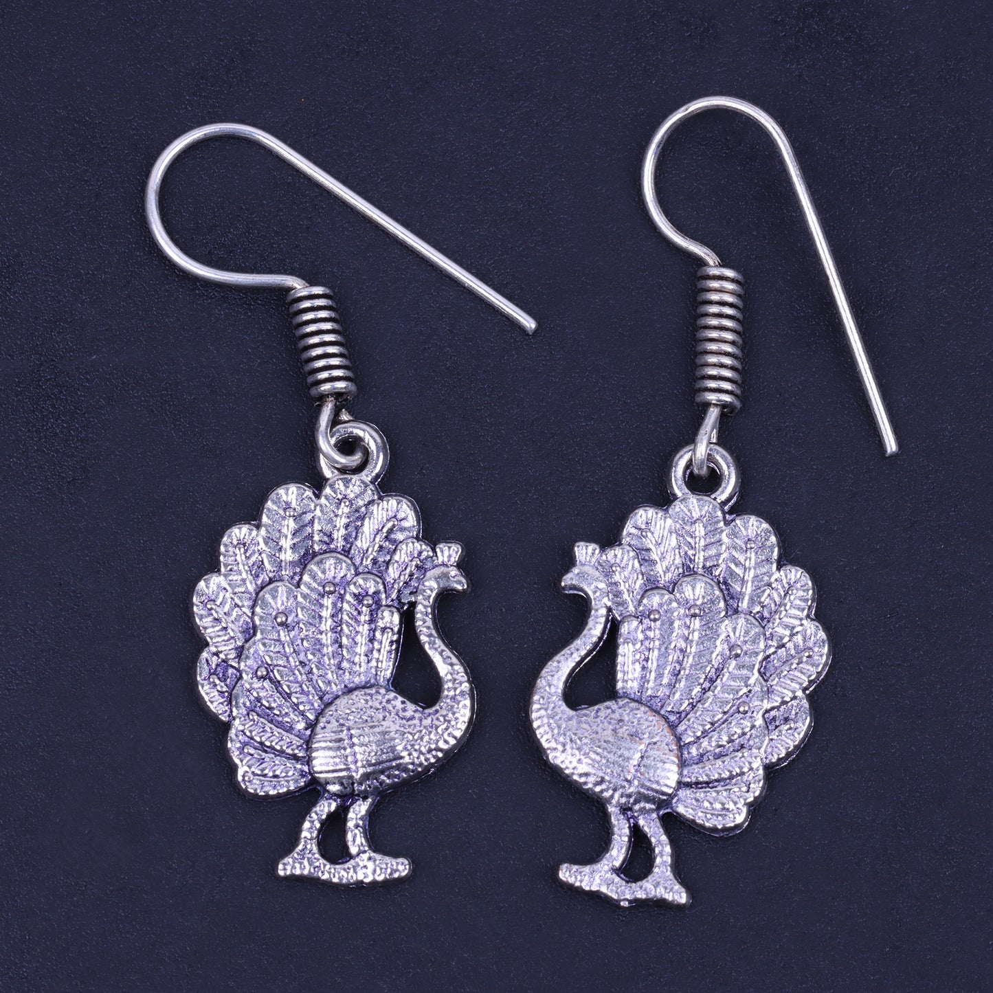 Peacock Shaped Silver Polished Oxidised Danglers