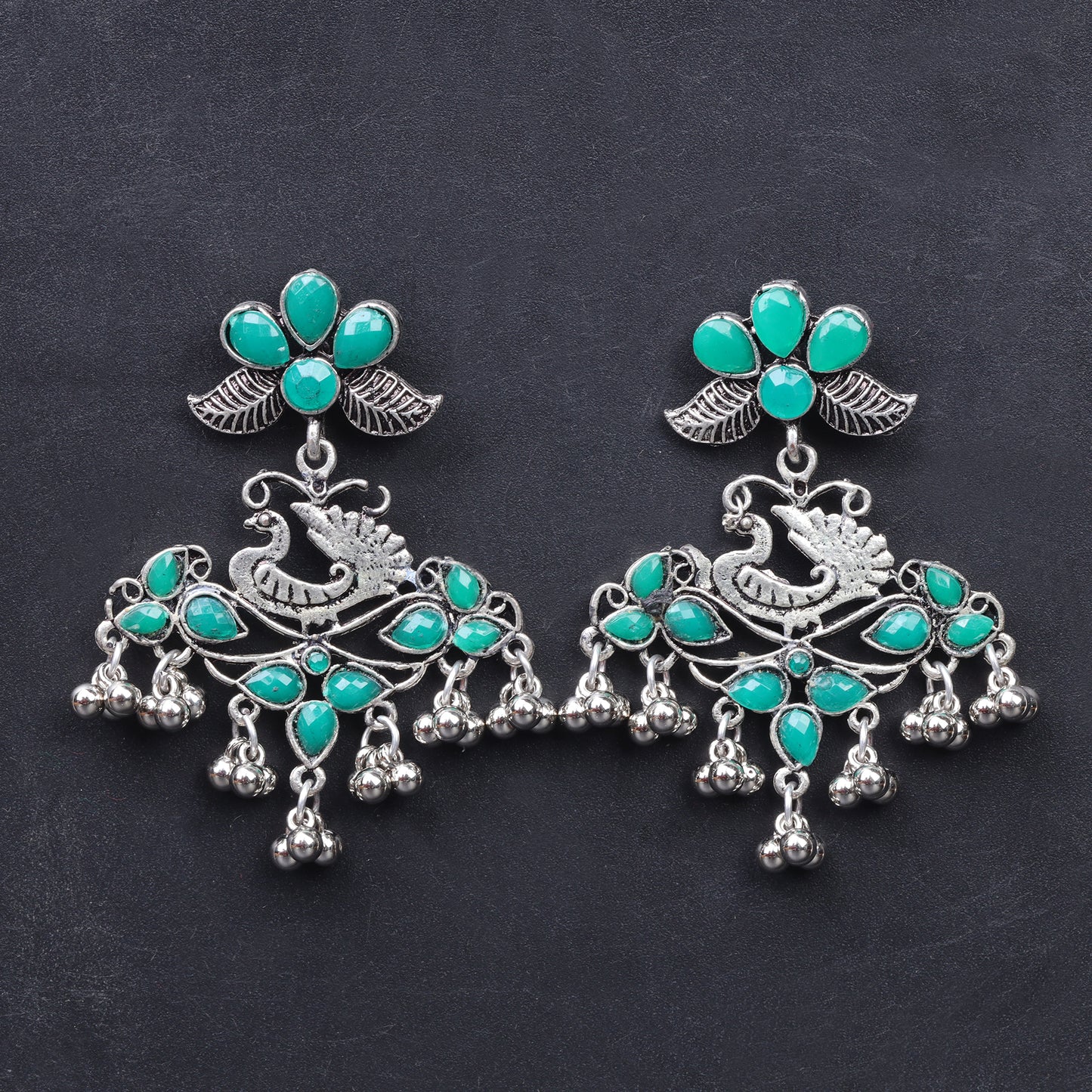 Pretty Peacock stone studded jhumka earring (Green)