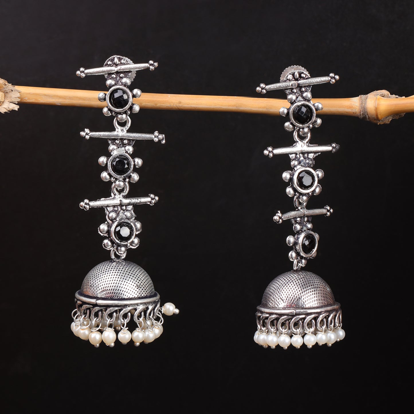 Royal Triple Bell Layered Jhumka Earring (Black)