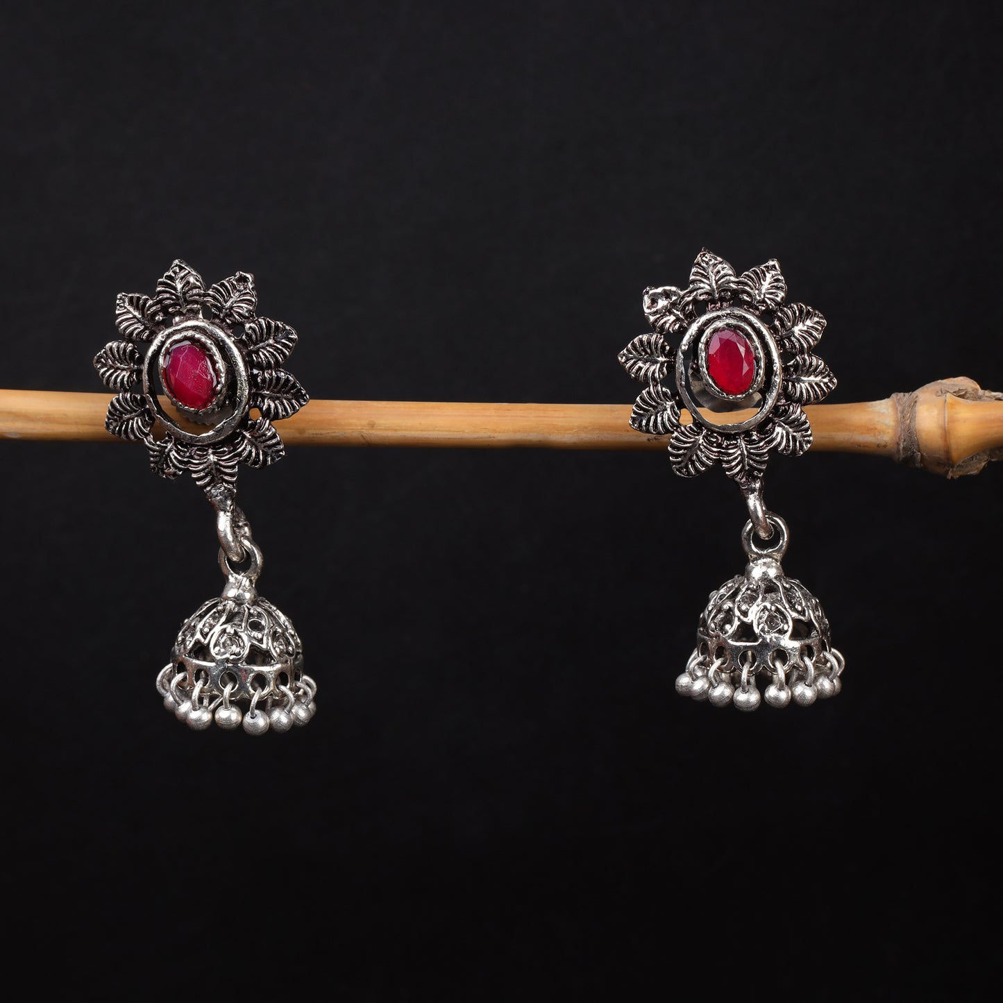 Red Stone Studded Oxidised Dangler Earrings