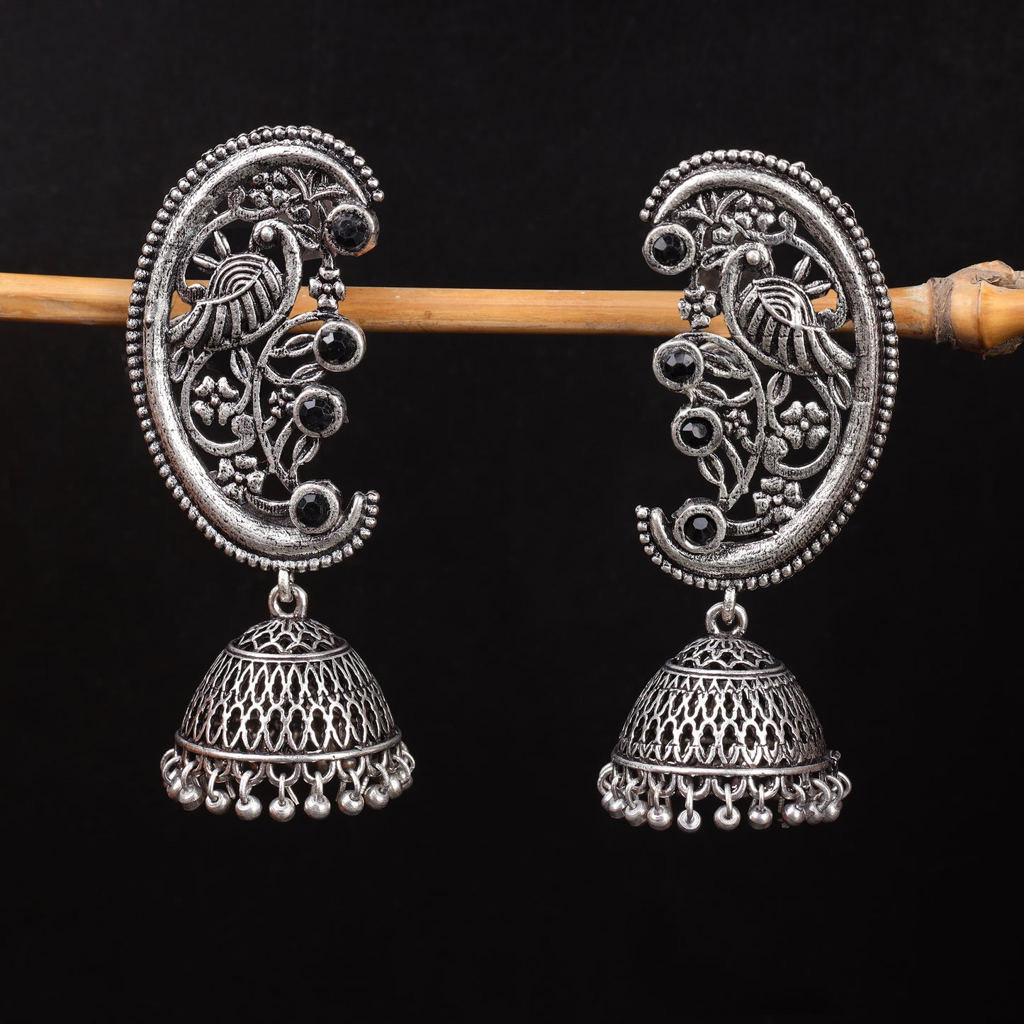 Moon-lit Mayur Jhumki earrings (Black)