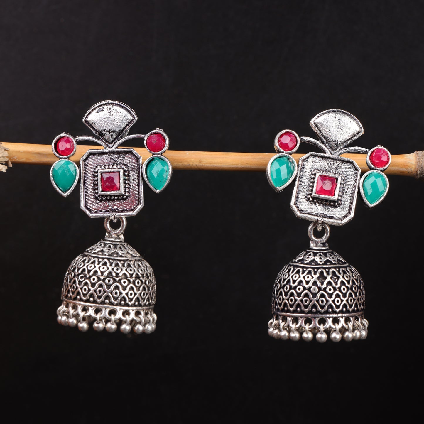 Multicolored Stone Studded Statement Earrings With Hanging Jhumka Embellished With Baby Pearls