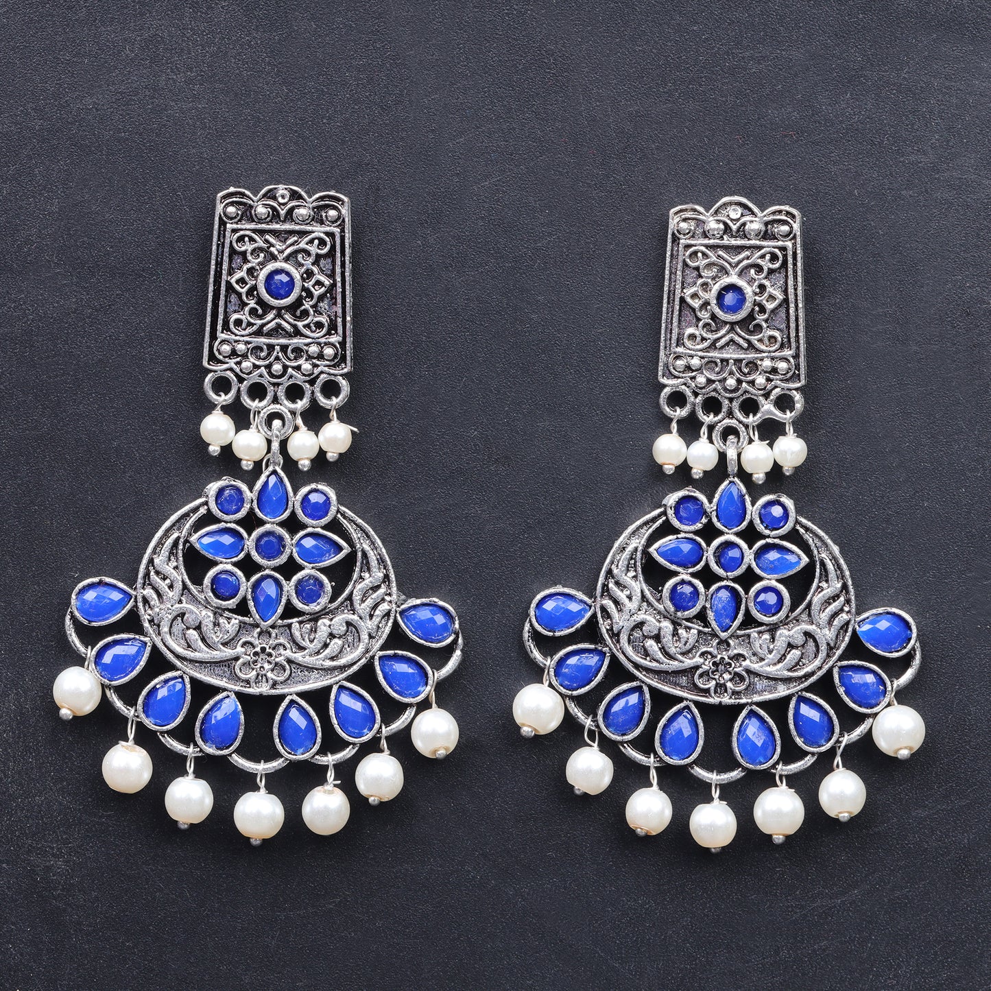 Blue Stone Studded Statement Dangler Earrings