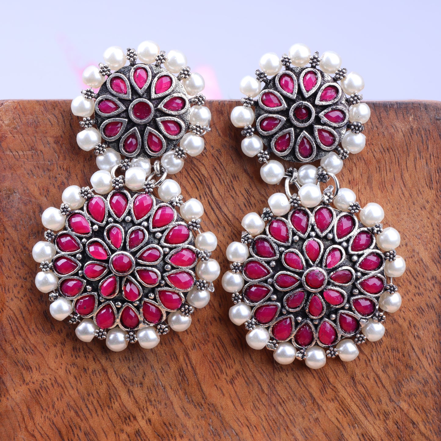 Double boho floral dangler earring (Red)