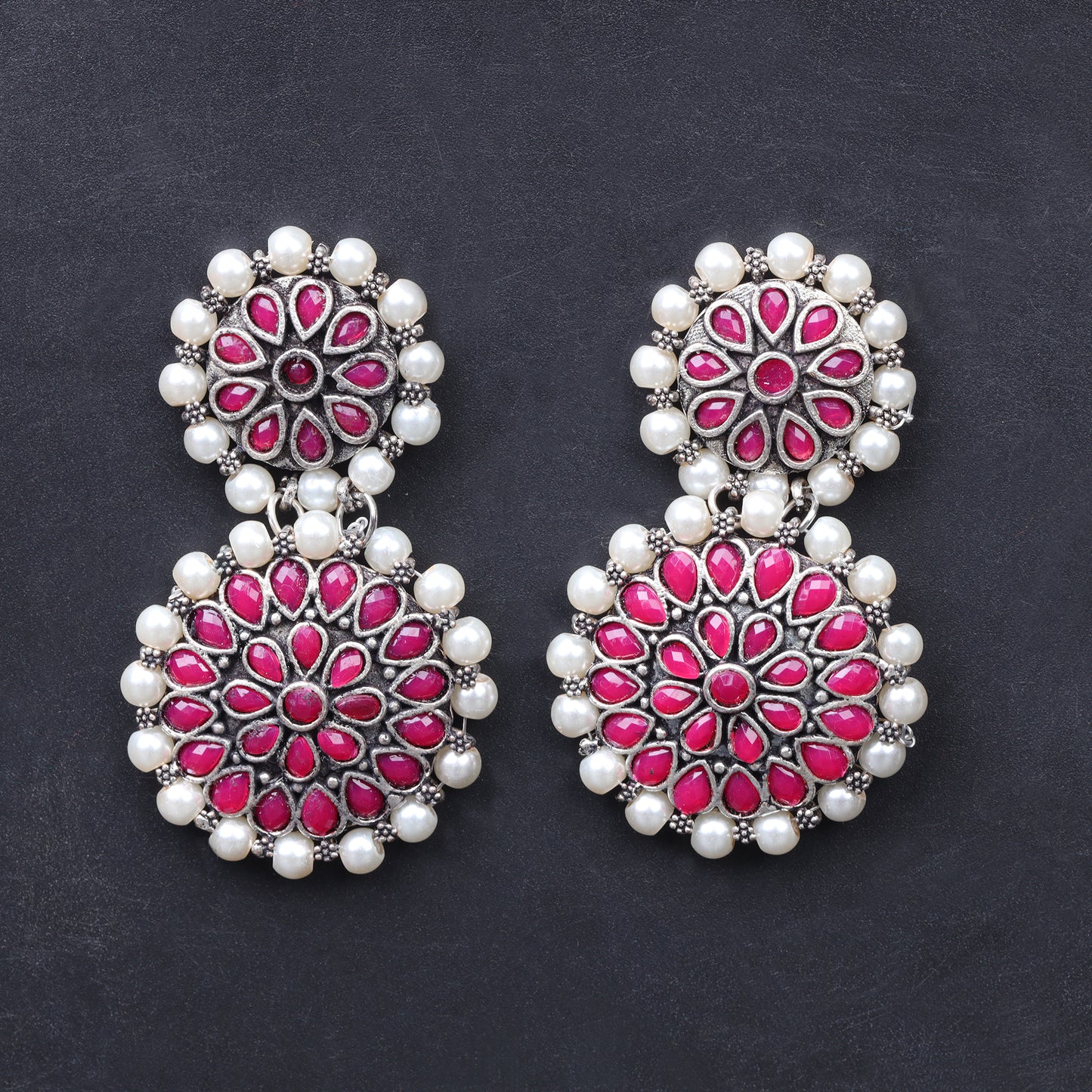 Double boho floral dangler earring (Red)