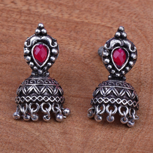 Jharokha stone studded jhumki earring (Red)