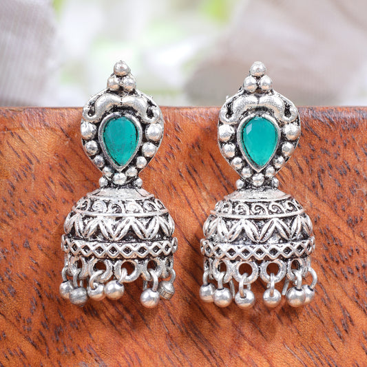 Jharokha stone studded jhumki earring (Green)