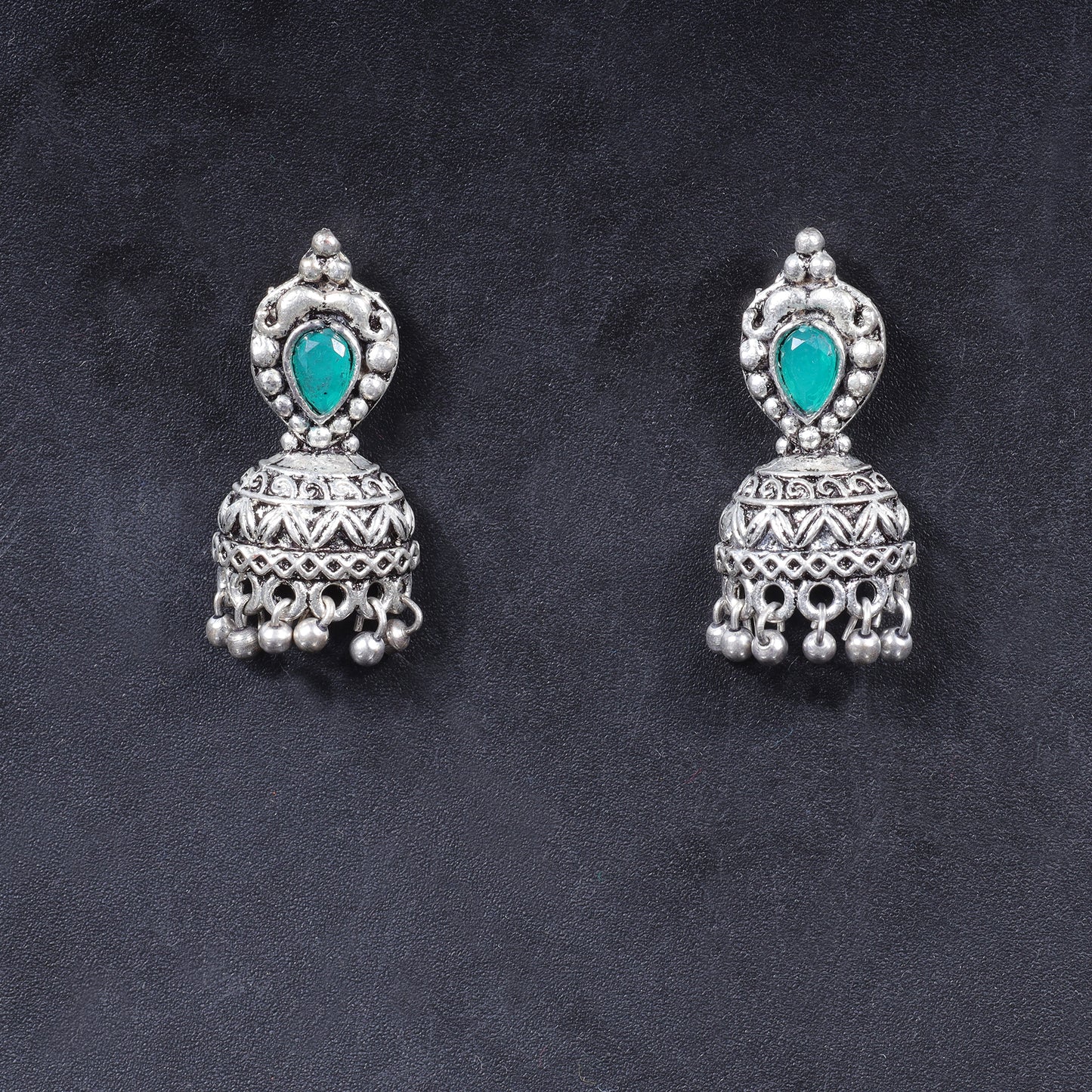 Jharokha stone studded jhumki earring (Green)