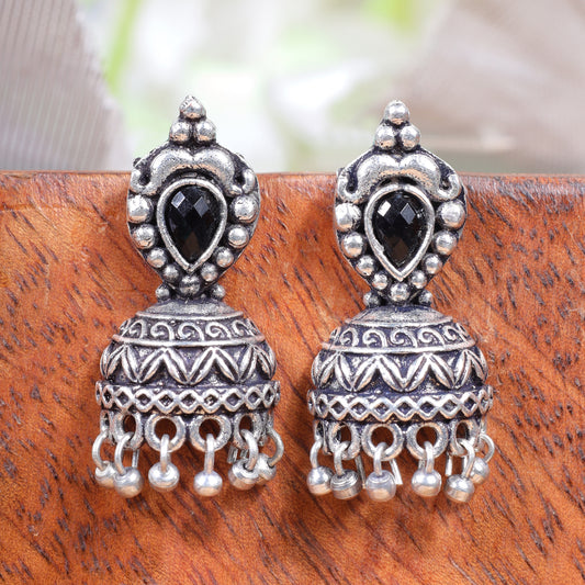 Jharokha stone studded jhumki earring (Black)