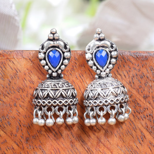 Jharokha stone studded jhumki earring (Blue)