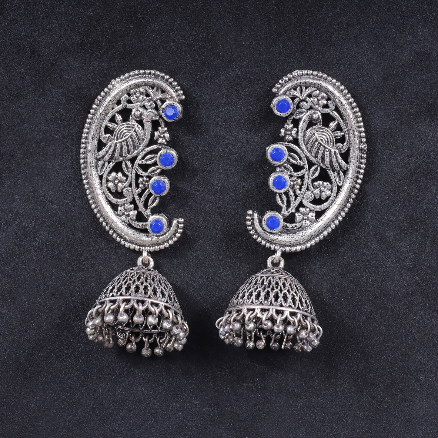 Moon-lit Mayur Jhumki earrings (Blue)
