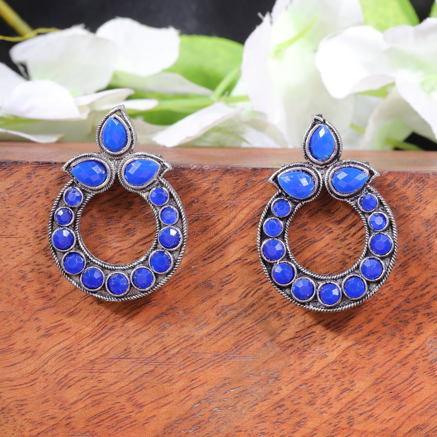 Blue Stone Studded Circular Stud Earrings