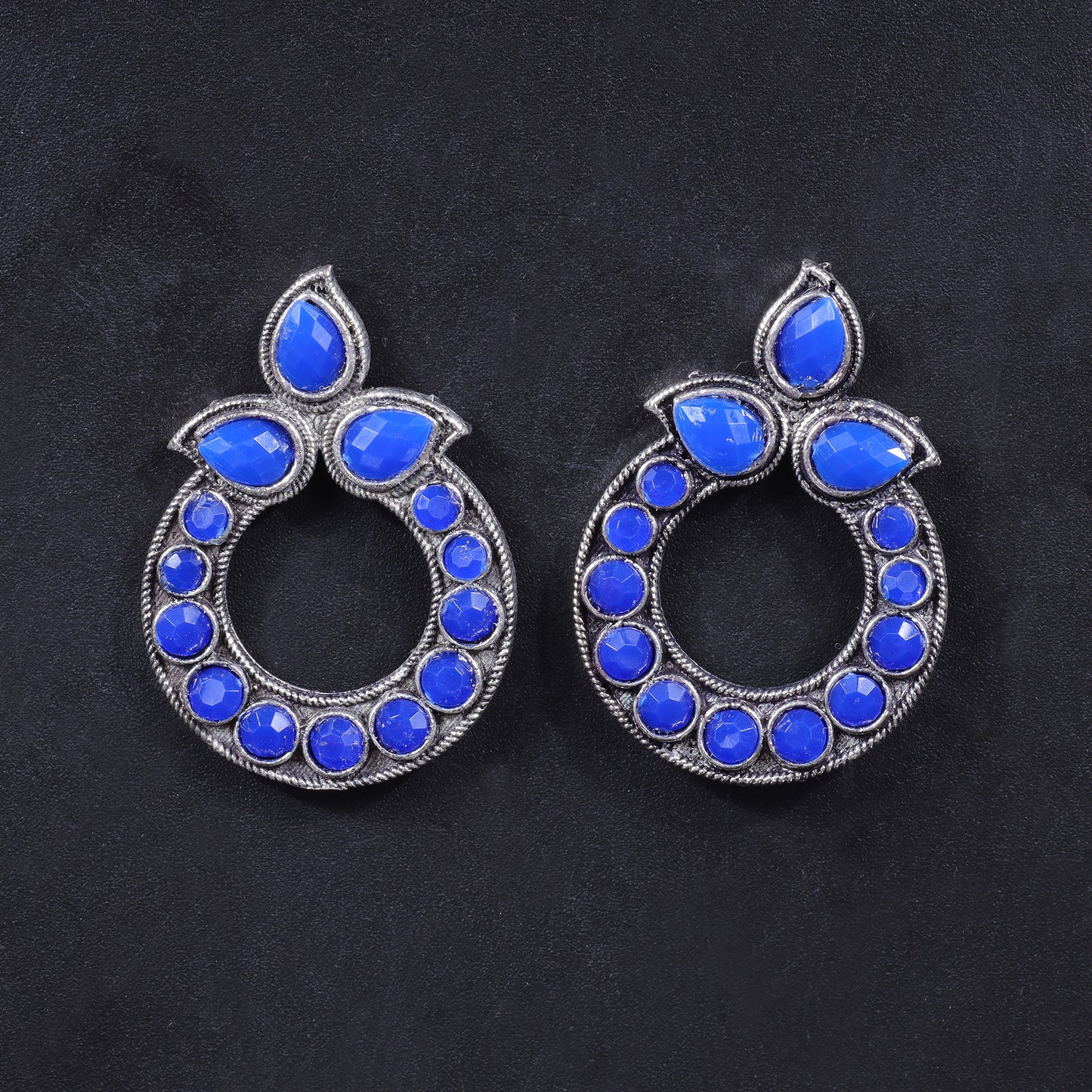 Blue Stone Studded Circular Stud Earrings