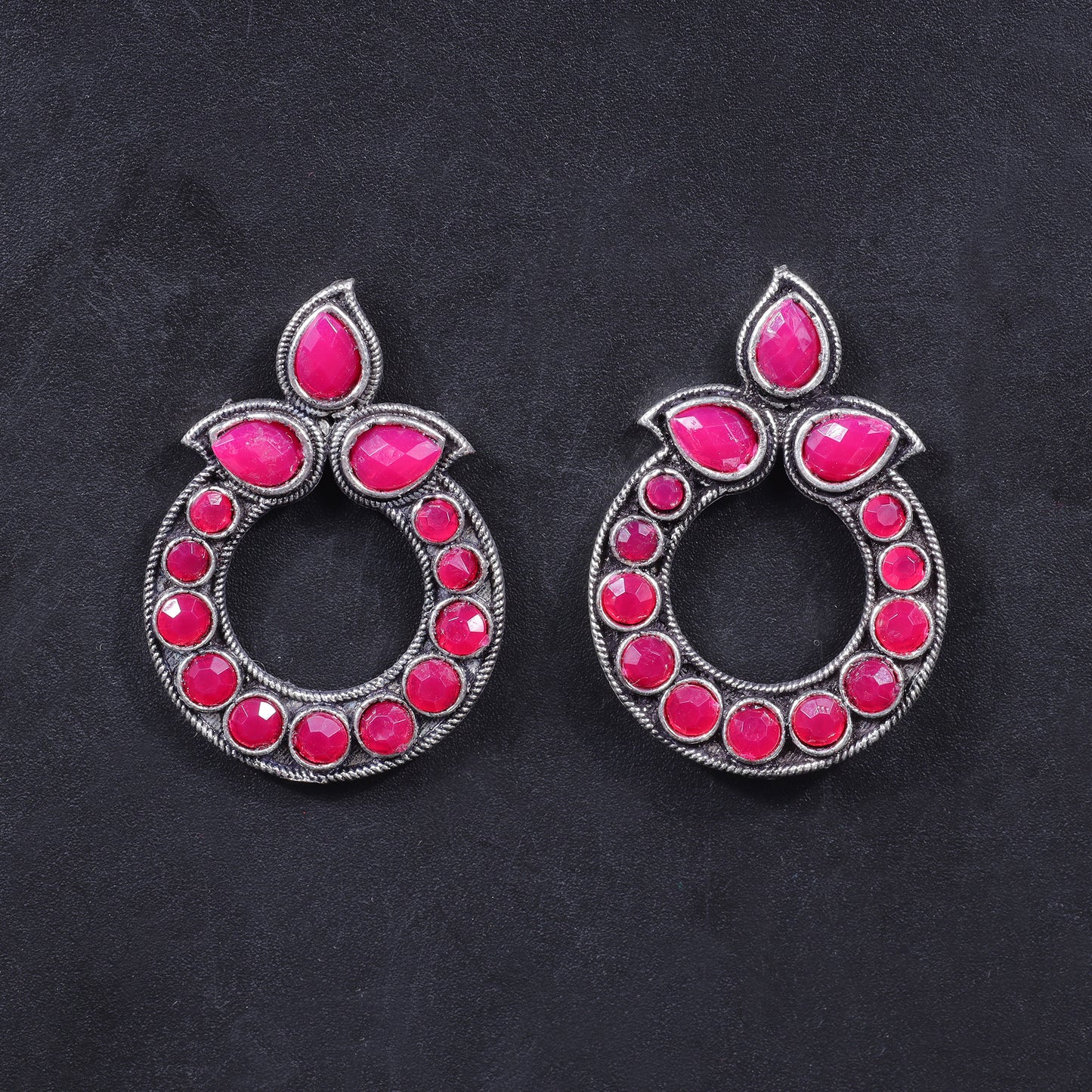 Red Stone Studded Circular Stud Earrings