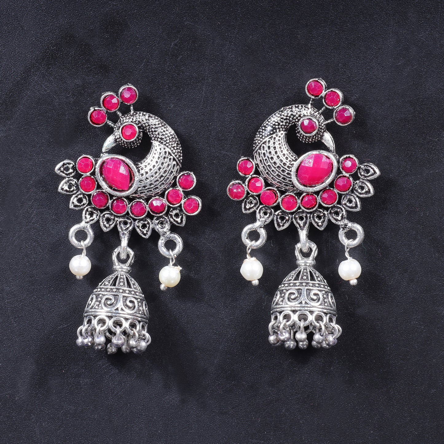 Red Stone Studded Peacock Shaped Danglers With Hanging Jhumki