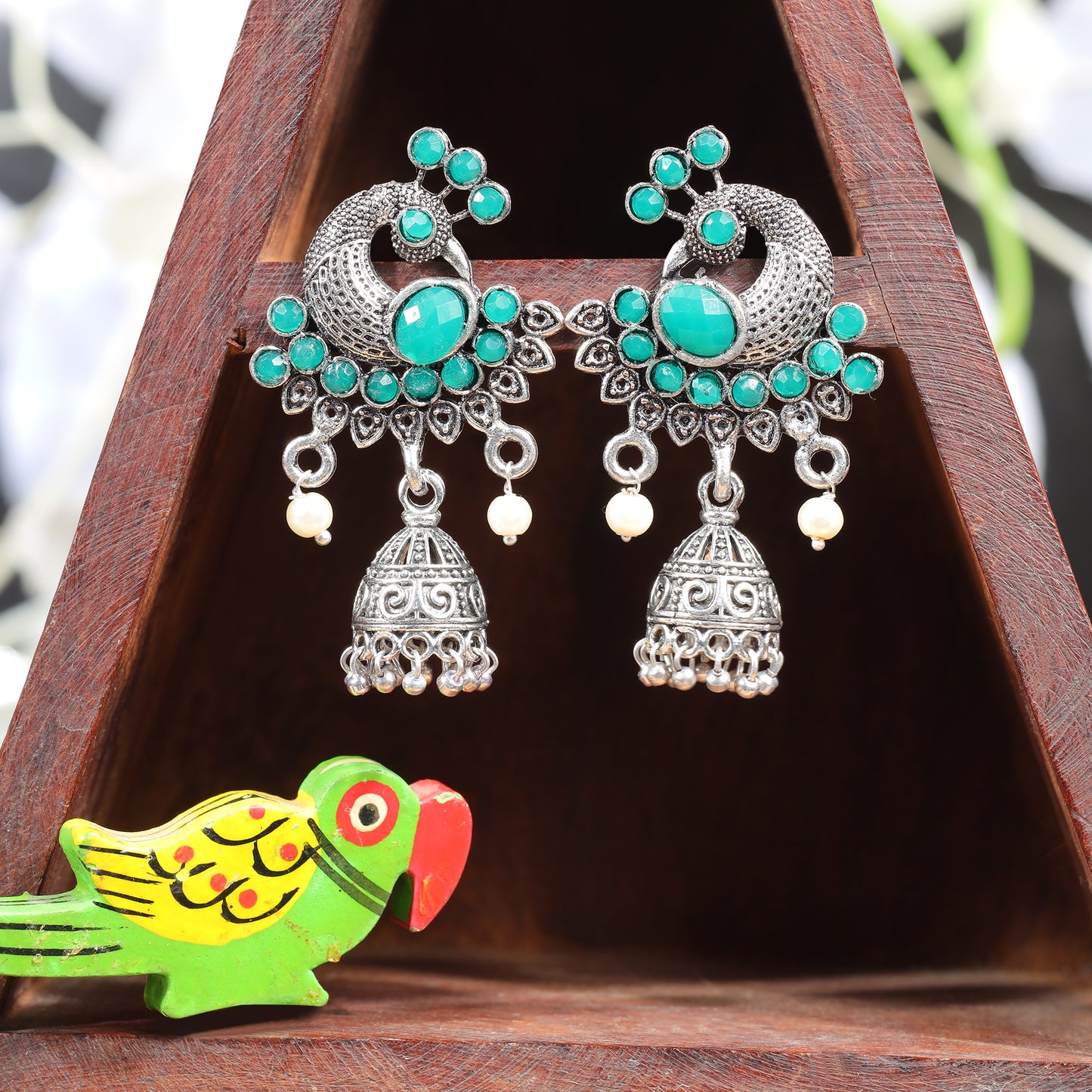 Green Stone Studded Peacock Shaped Danglers With Hanging Jhumki