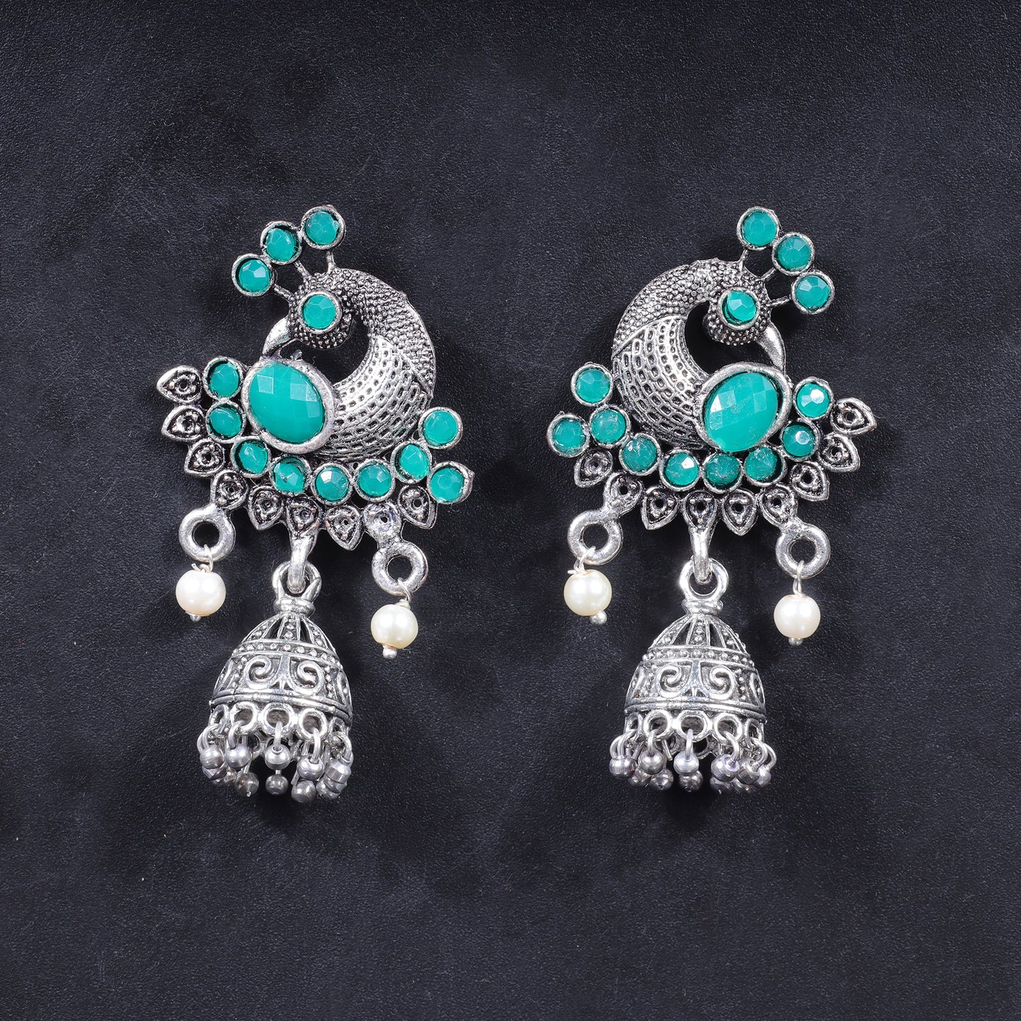 Green Stone Studded Peacock Shaped Danglers With Hanging Jhumki