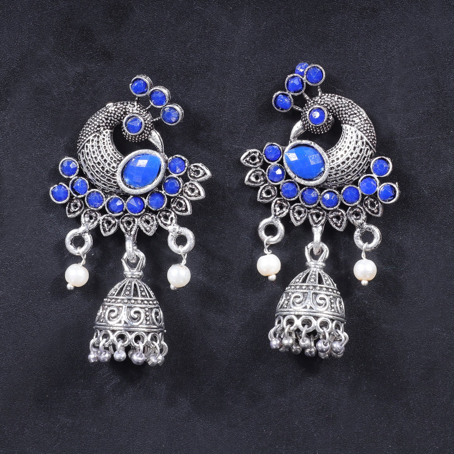 Peacock prestine stone studded jhumki earrings (Blue)