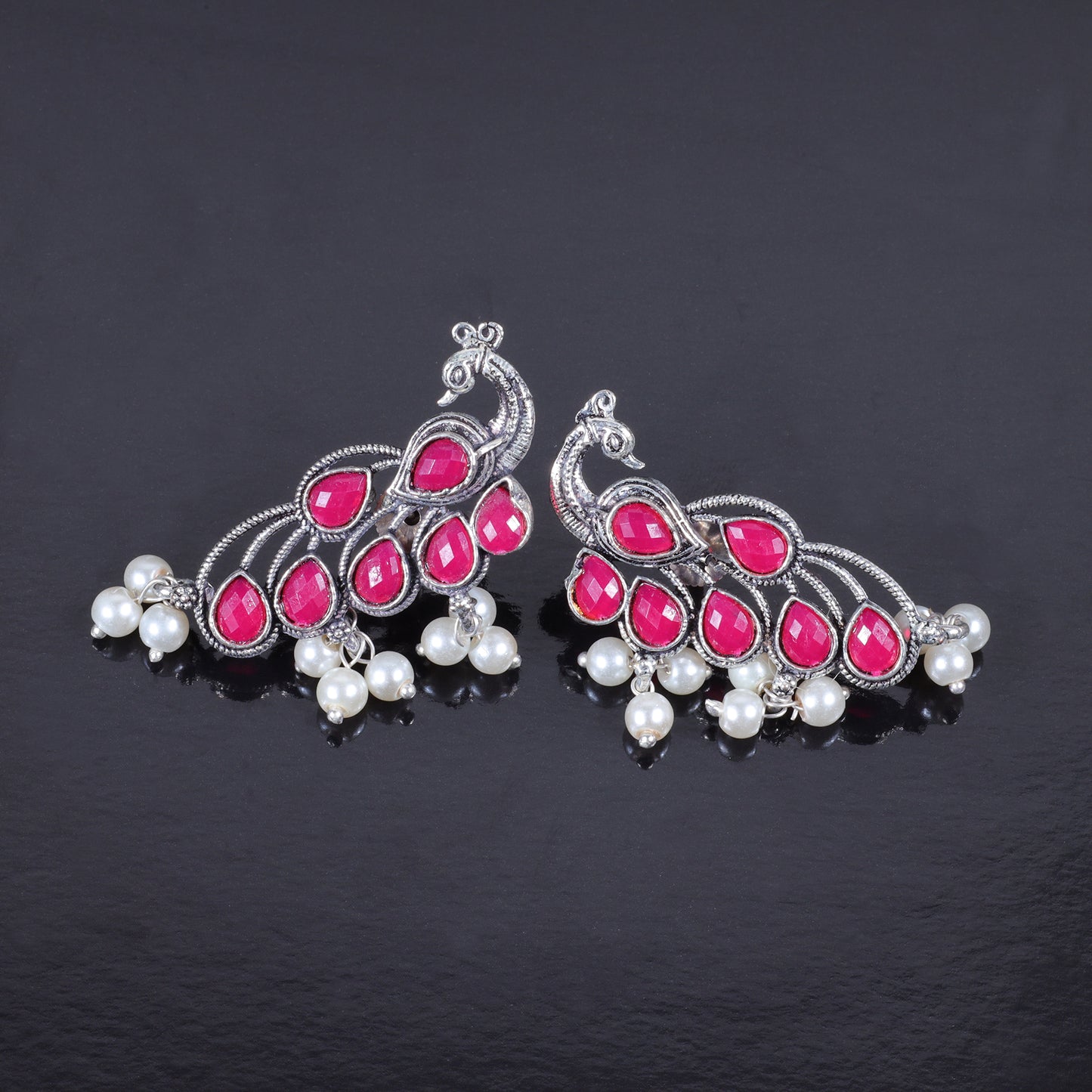 Red Stone Studded Peacock Shaped Earrings With Hanging Pearls