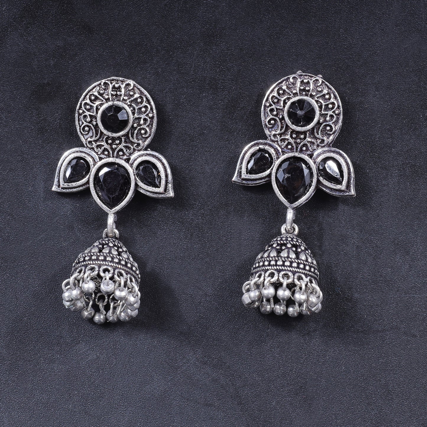Blush Petals stone studded jhumki earrings (Black)