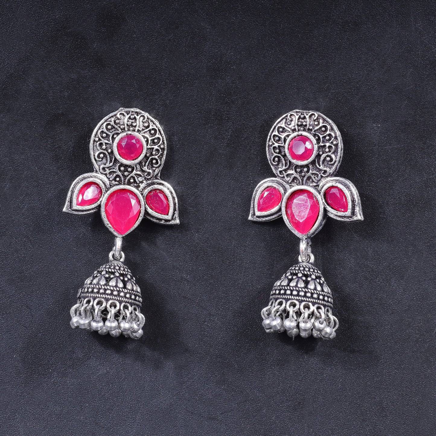 Blush Petals stone studded jhumki earrings (Red)