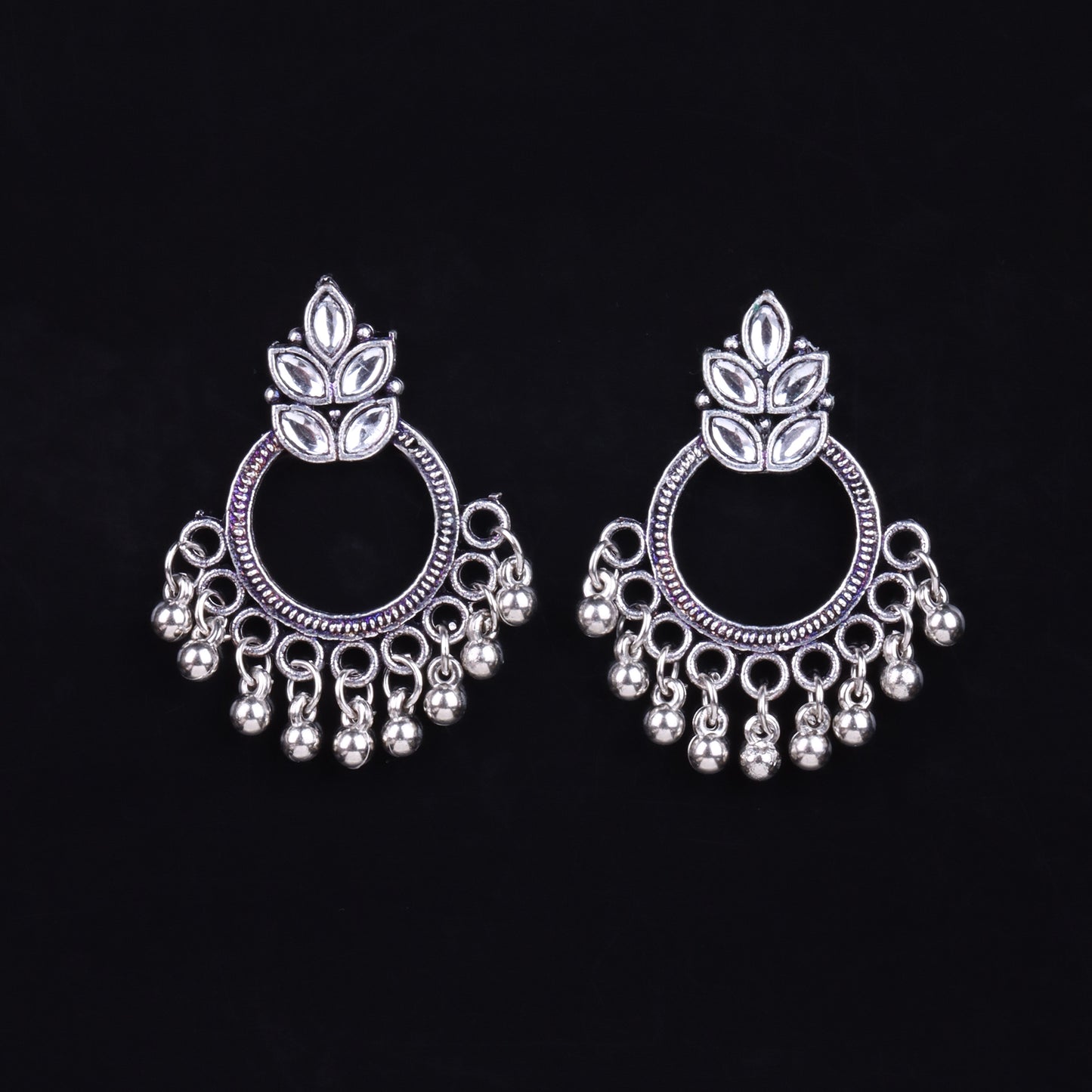 White Stone Studded Intricate Oxidised Earrings