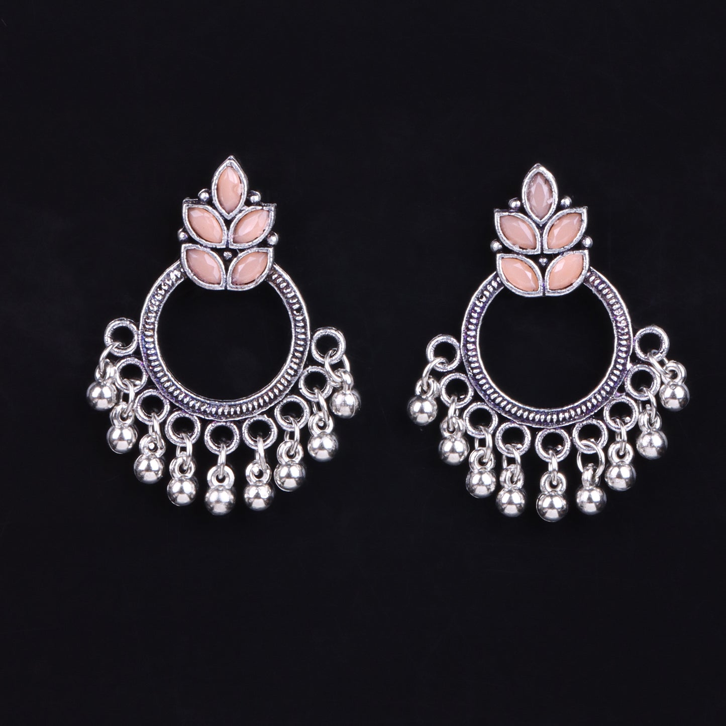 Light Orangish Stone Studded Intricate Oxidised Earrings