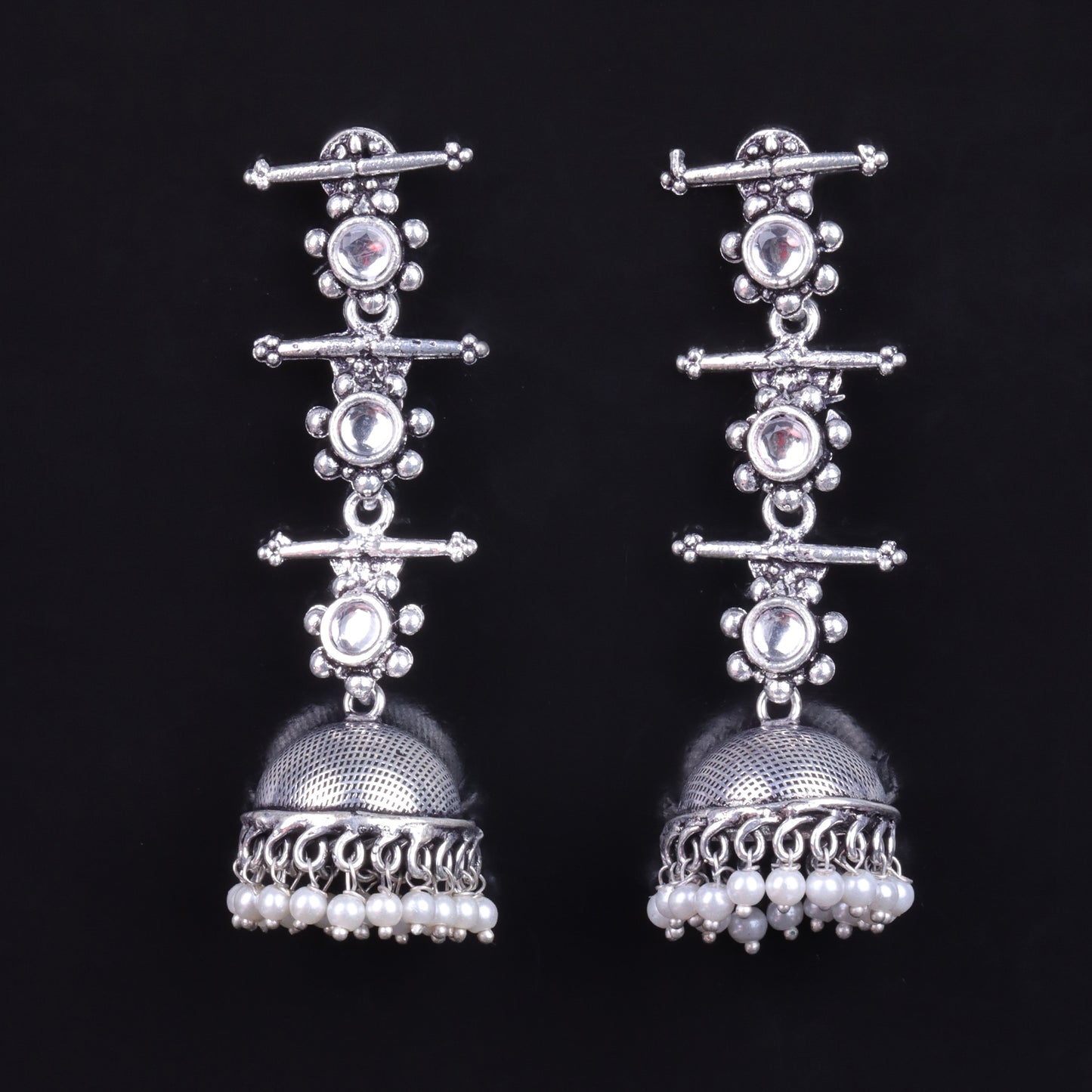 Royal Triple Bell Layered Jhumka Earring (White)