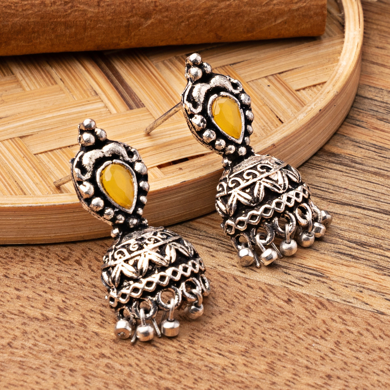 Jharokha stone studded jhumki earring (Yellow)