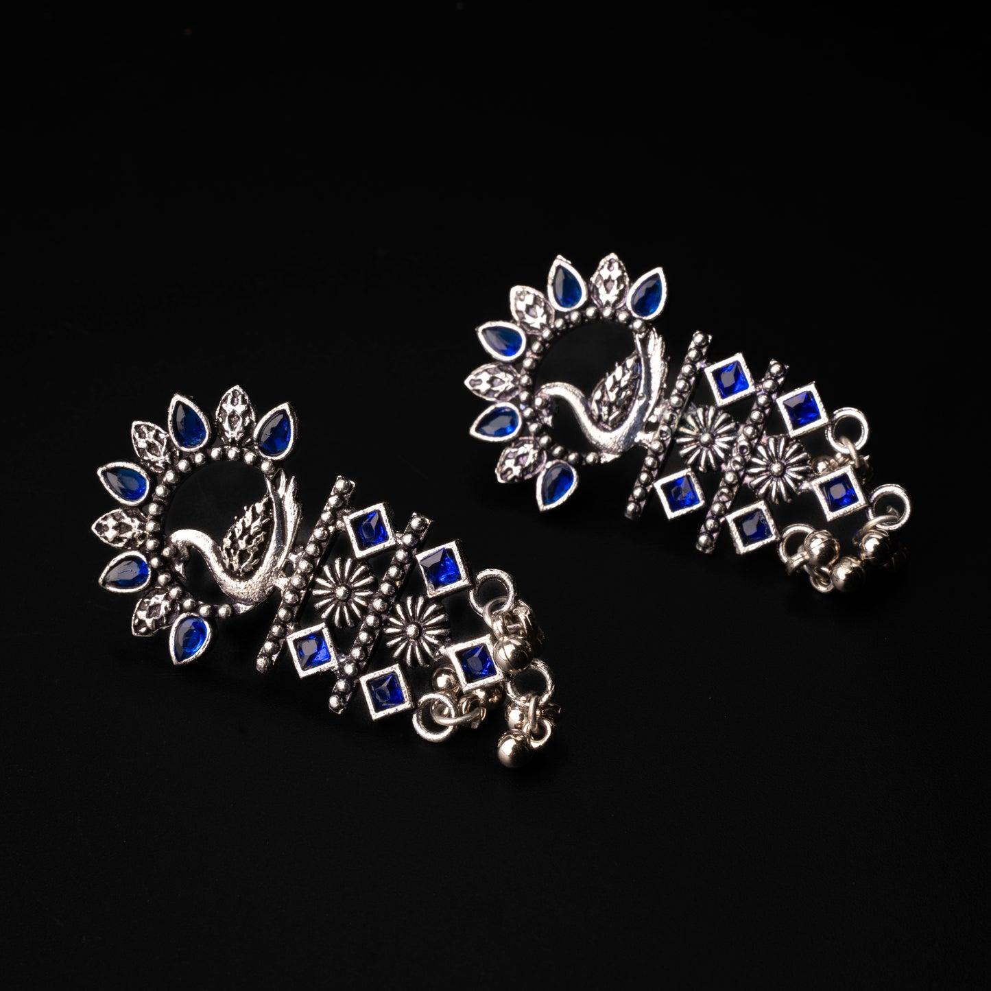 Blue Stone Studded Peacock Motif Light Earrings