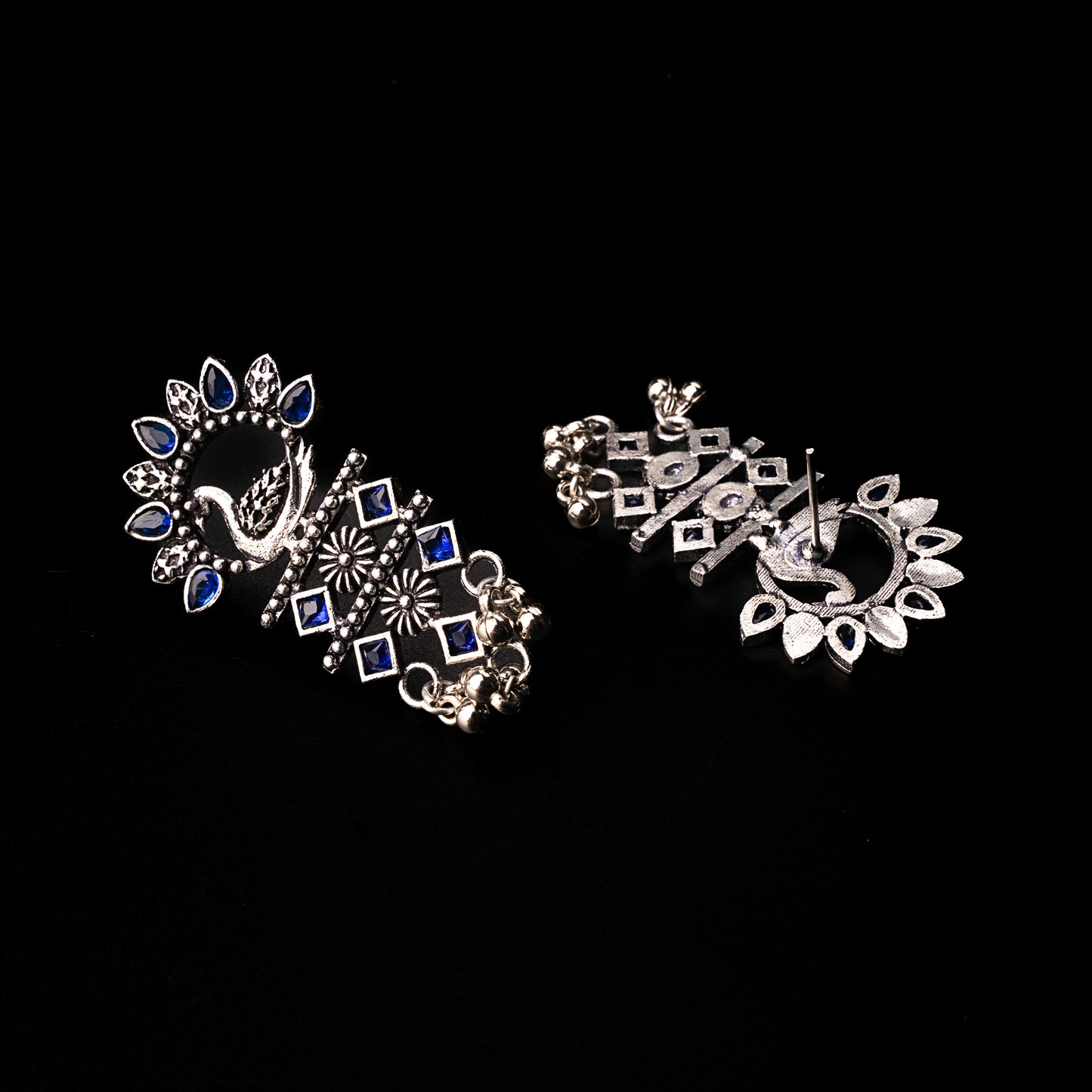 Blue Stone Studded Peacock Motif Light Earrings