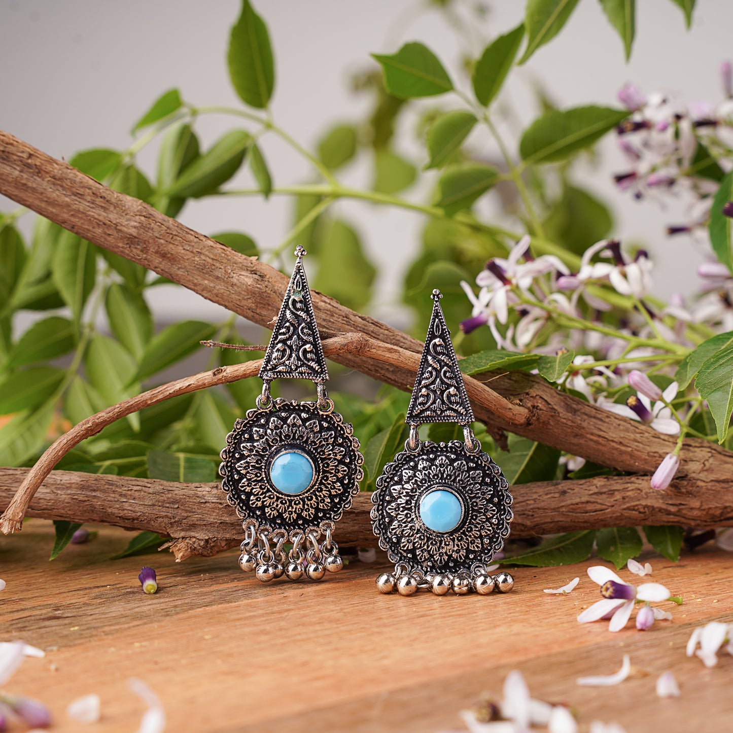 Sky Blue Stone Studded Oxidised Earrings