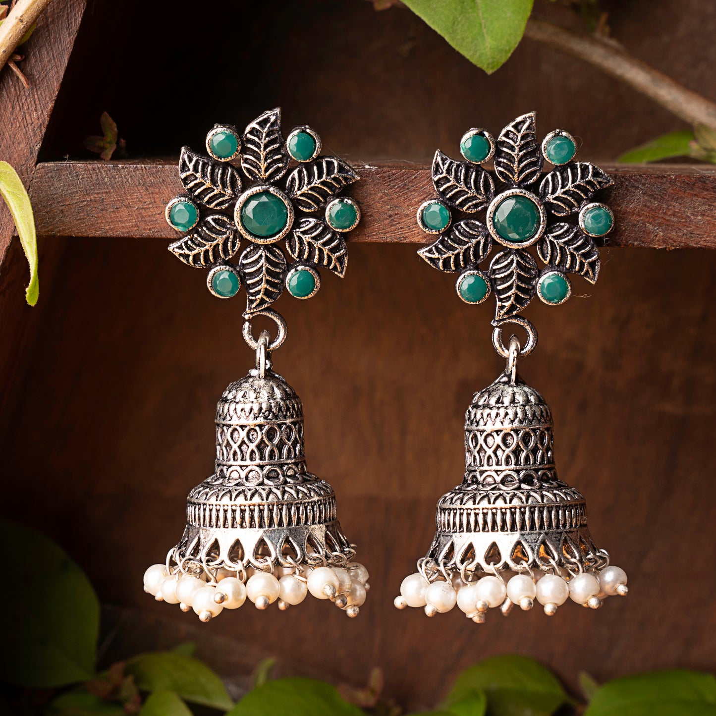 Fearless flower jhumki earring (Green)