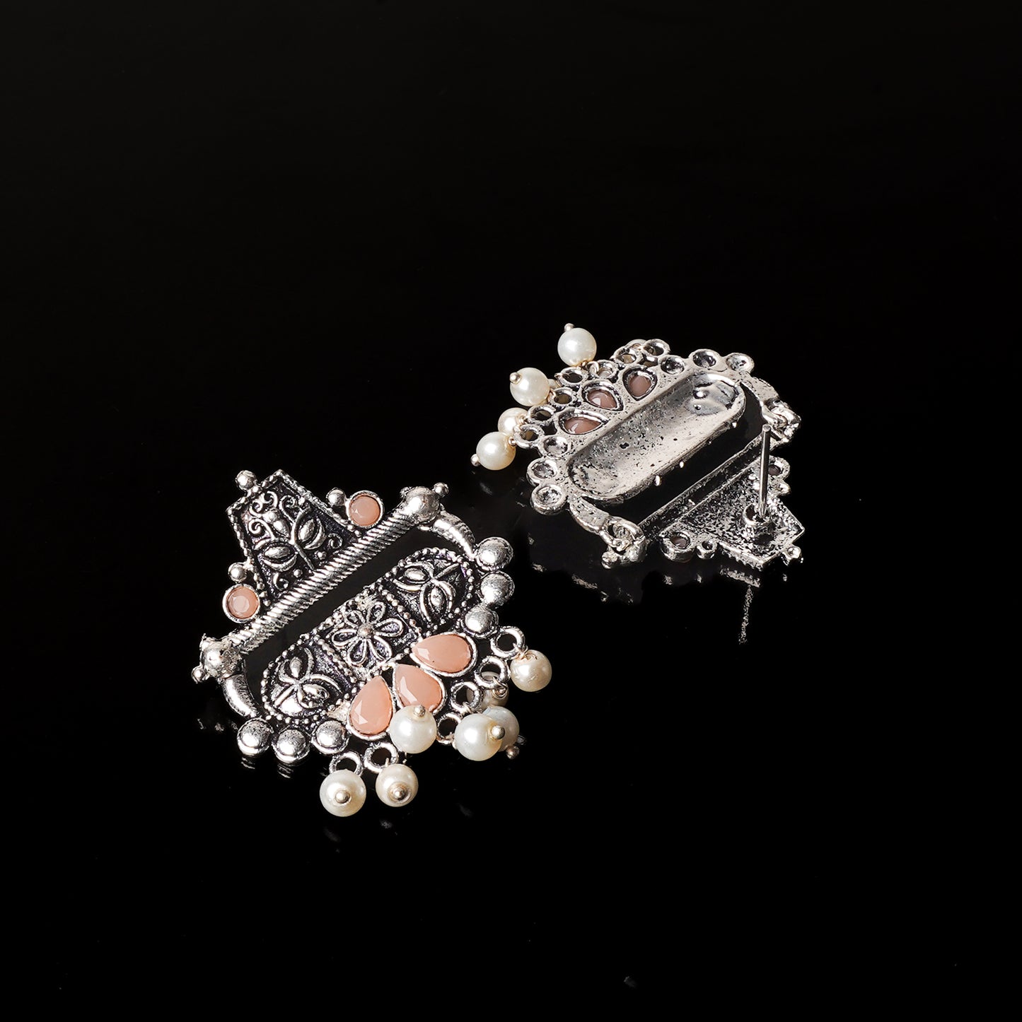 Light Orangish Stone Studded Oxidised Earrings With Hanging Pearl