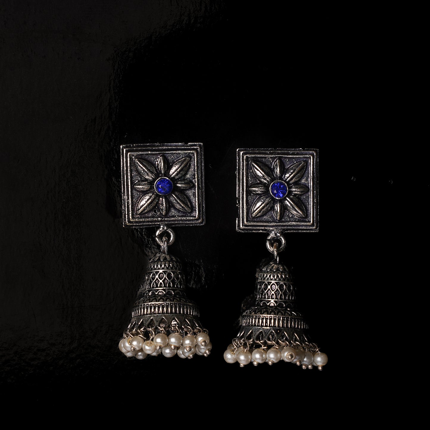 Petal Frame hanging Jhumki Earrings (Blue)