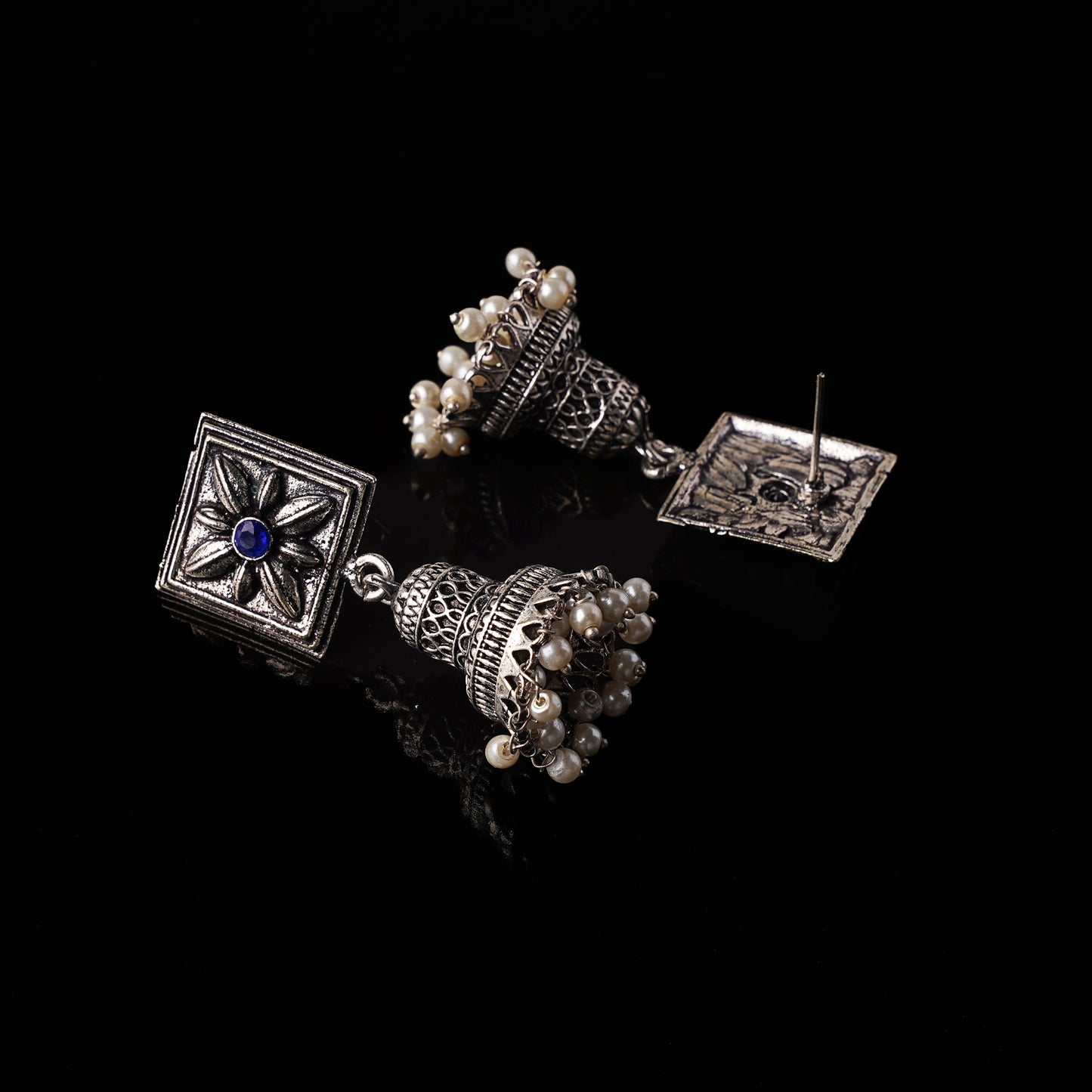 Petal Frame hanging Jhumki Earrings (Blue)