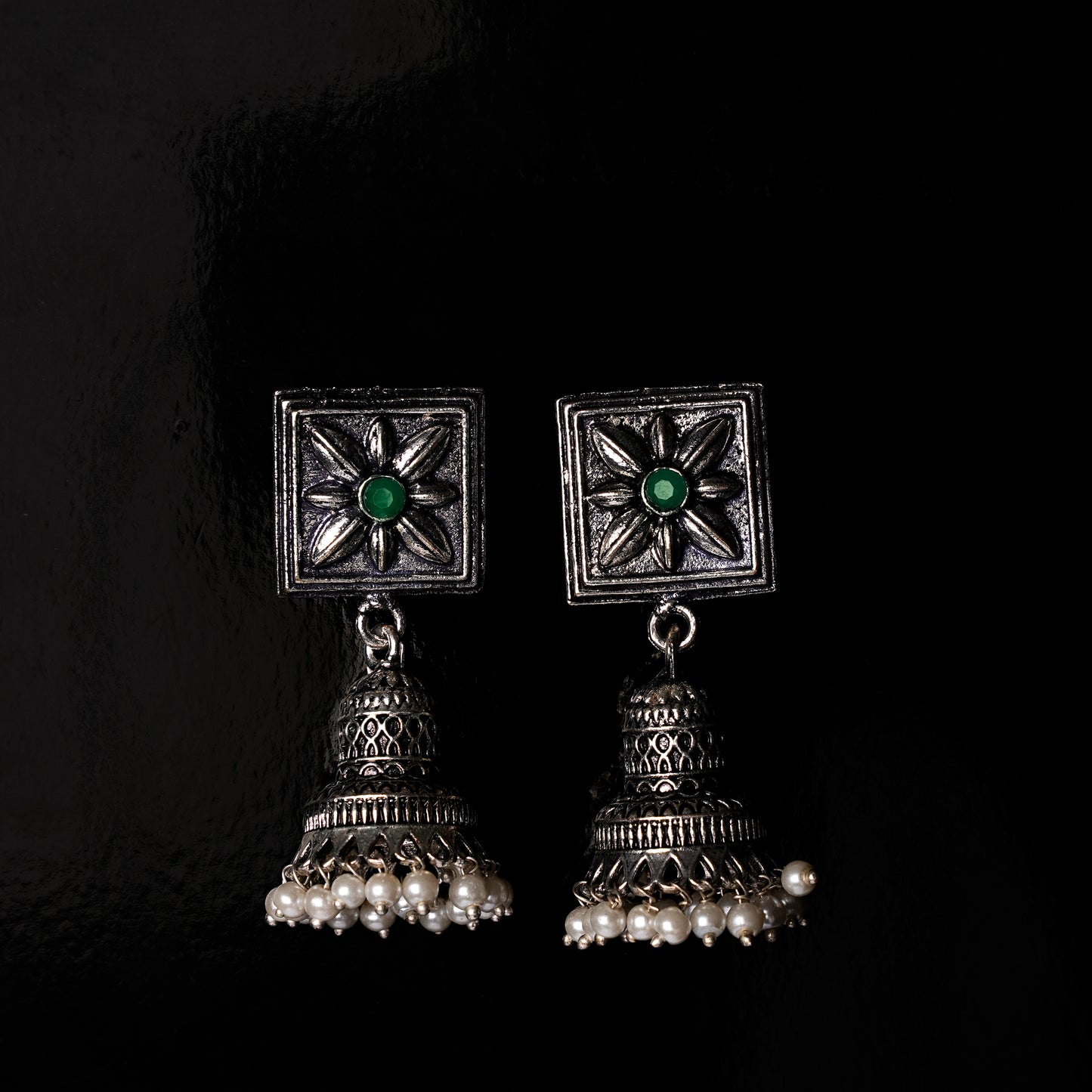 Petal Frame hanging Jhumki Earrings (Green)