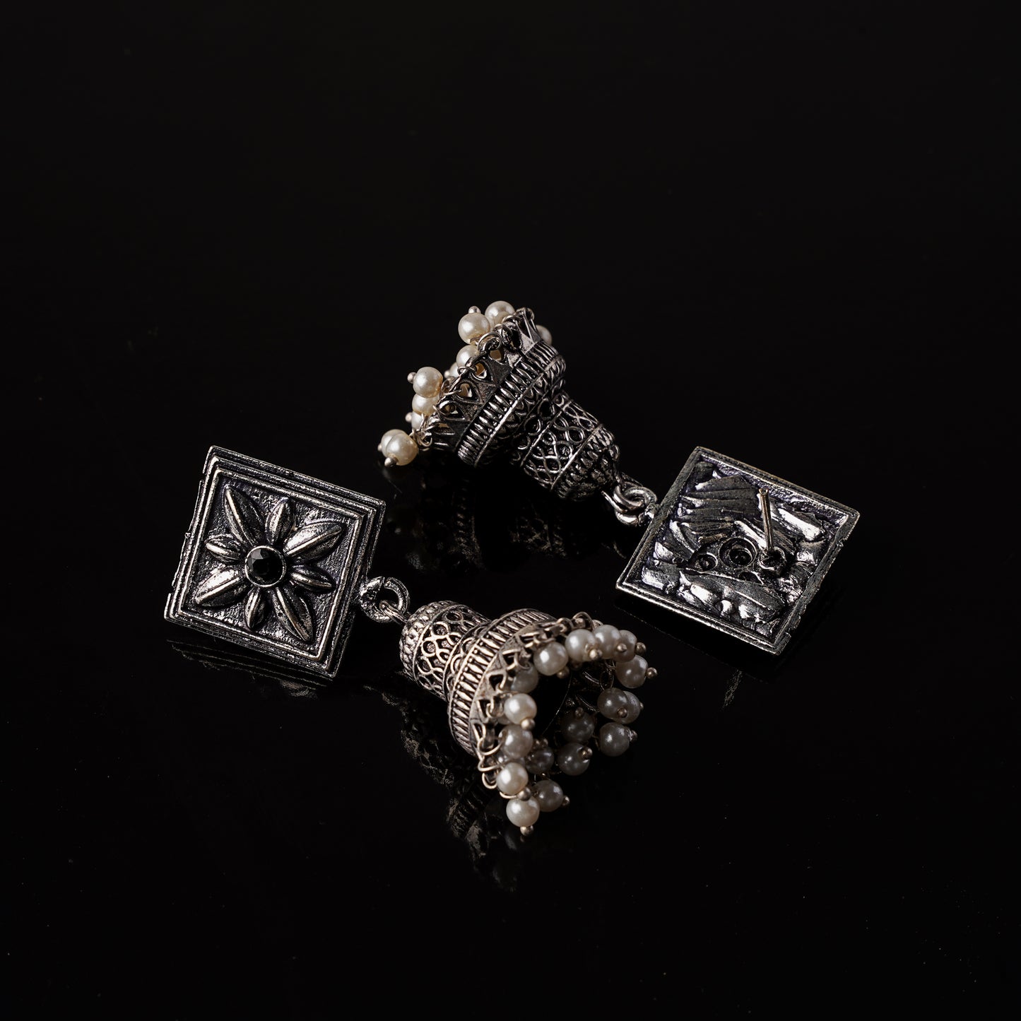 Petal Frame hanging Jhumki Earrings (Black)