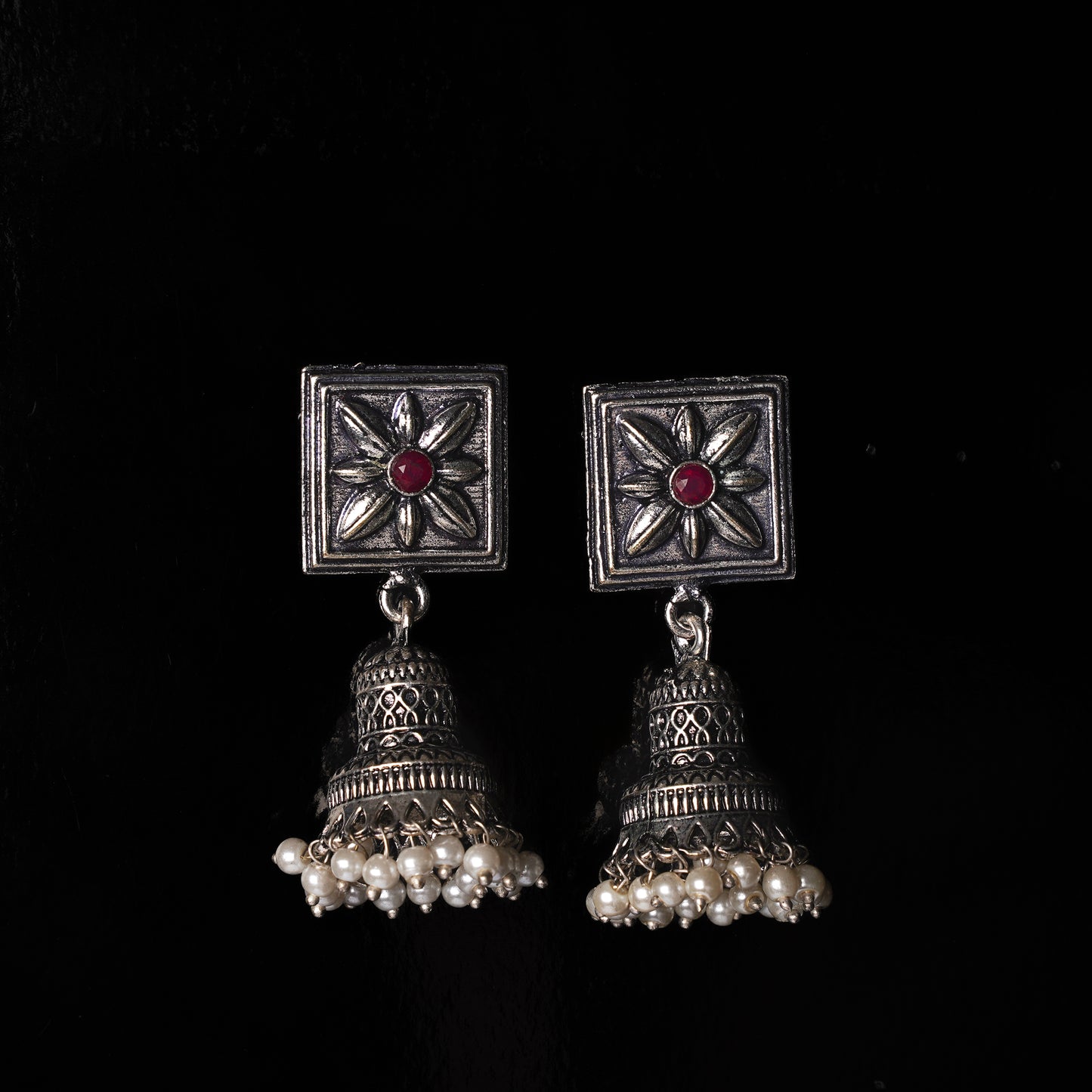 Petal Frame hanging Jhumki Earrings (Dark Red)