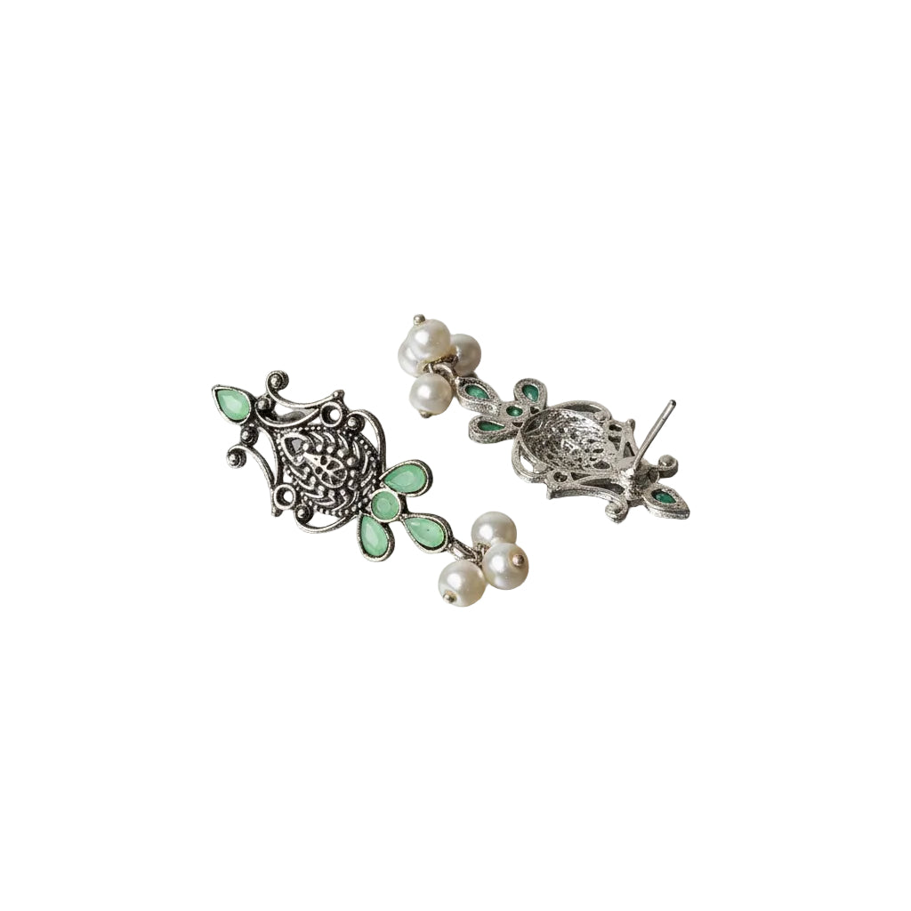 Flower motif hanging pearls dangler earring (Pista)