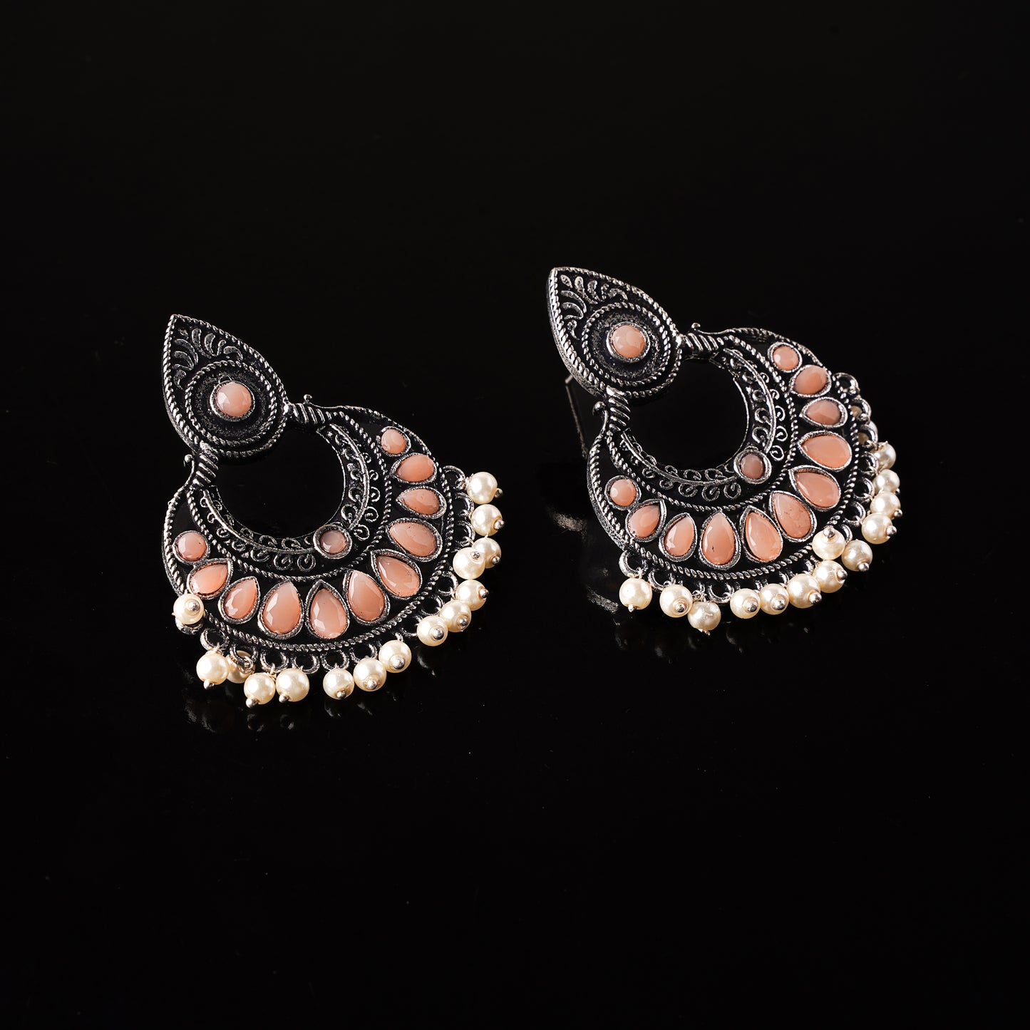 Charming Chaandbali pearl stud earrings (Light Orange)