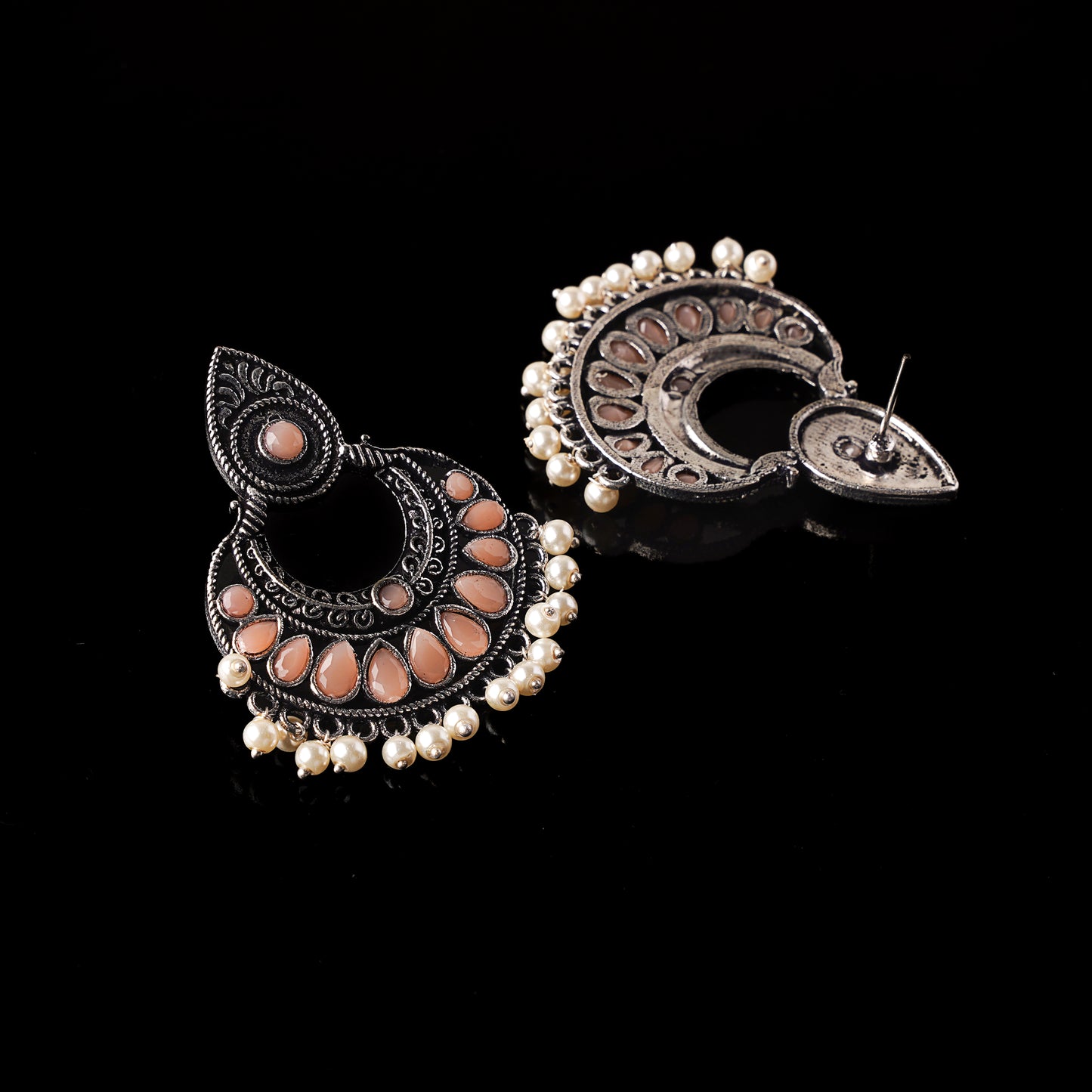Charming Chaandbali pearl stud earrings (Light Orange)