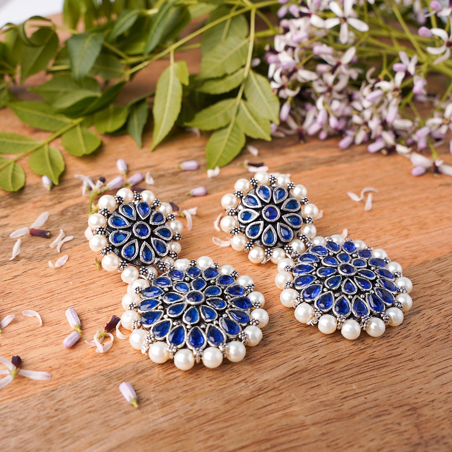 Double boho floral dangler earring (Blue)
