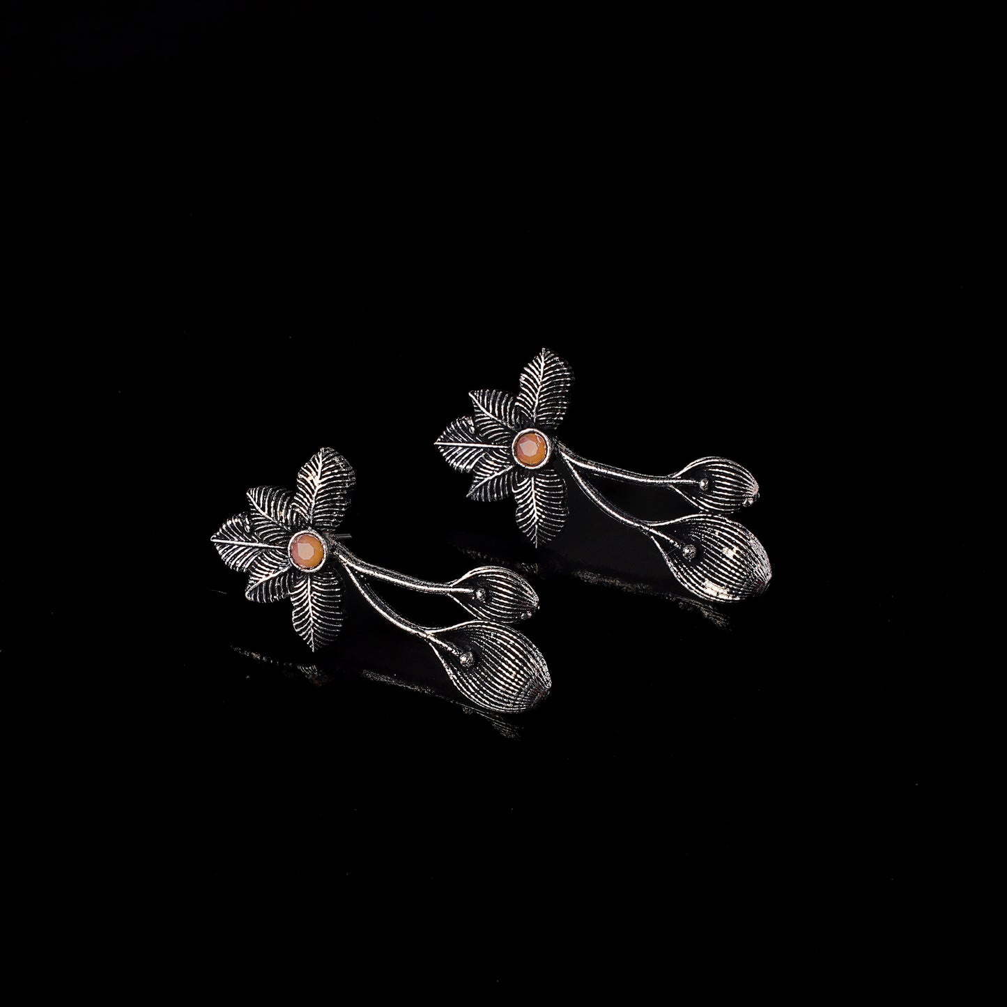 Light Orangish Stone Studded Flower Shaped Intricate Oxidised Earrings