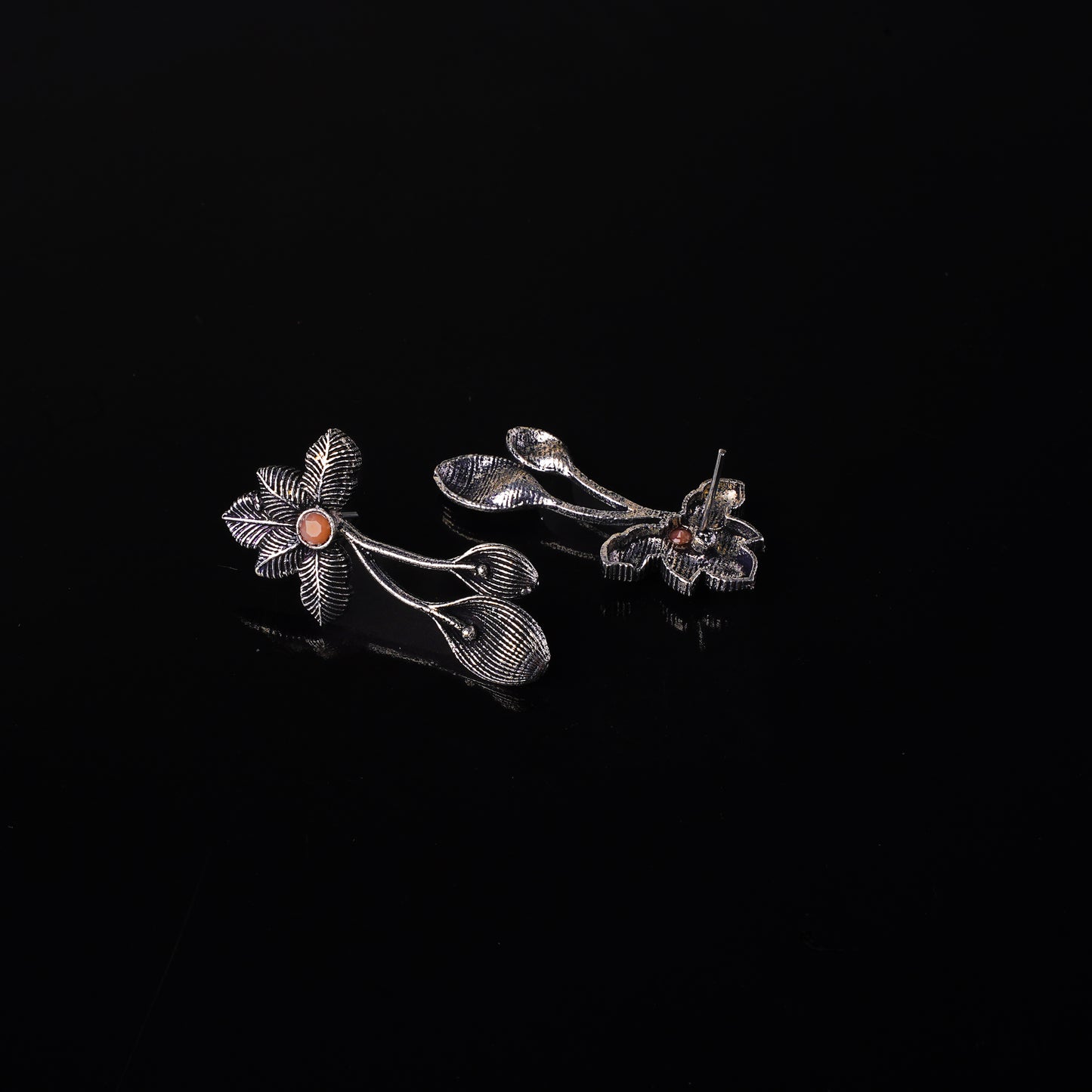 Light Orangish Stone Studded Flower Shaped Intricate Oxidised Earrings